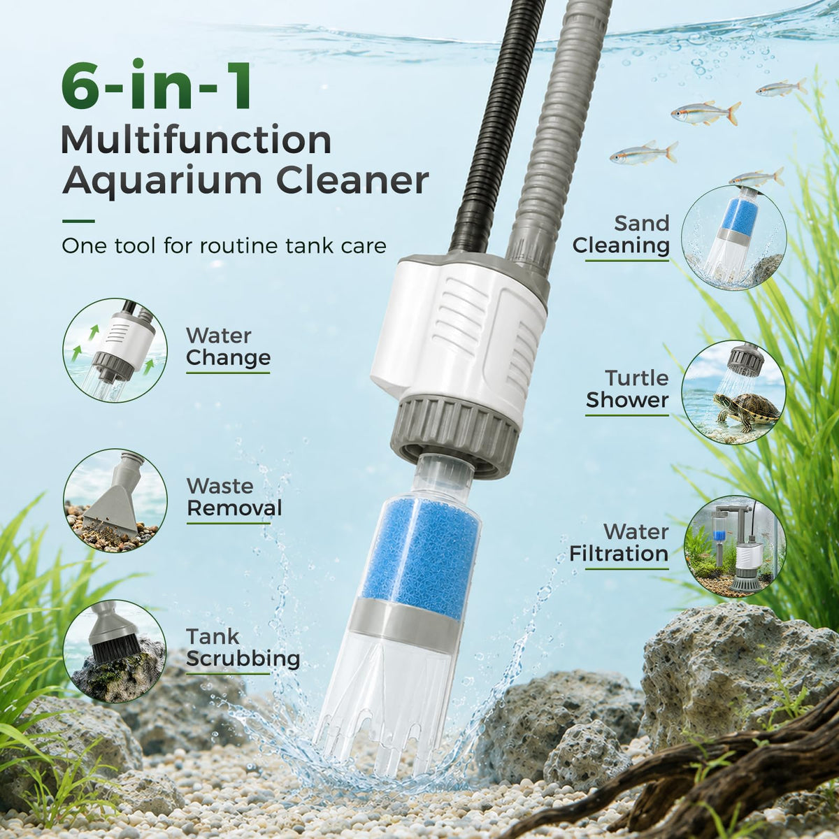 30W Aquarium Vacuum Gravel Cleaner 6 in 1 Electric Fish Tank - Bblira Official Imagery - 4