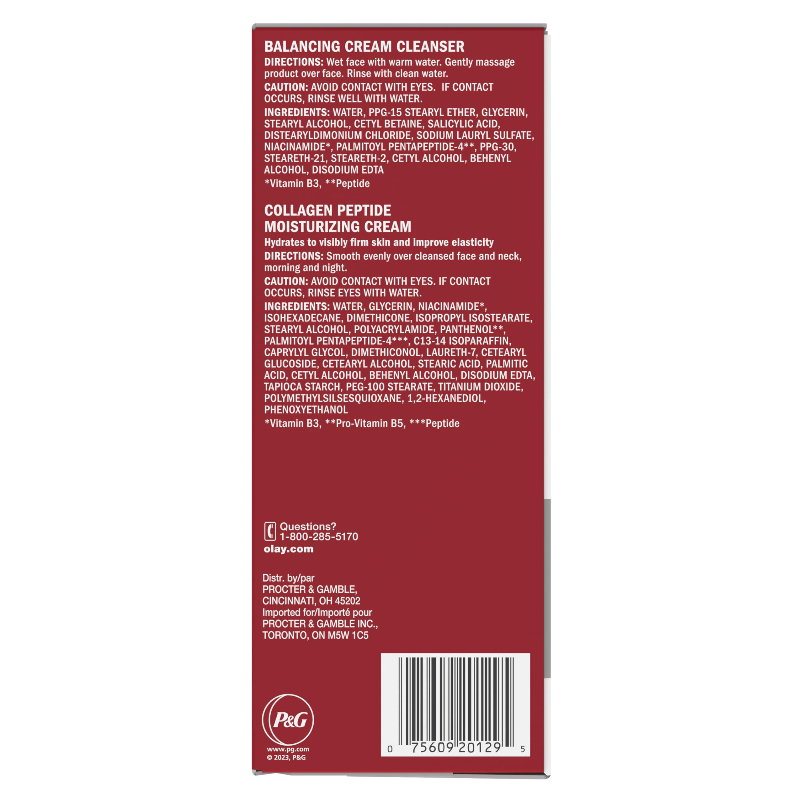 Olay Collagen Peptide Duo Pack Face Wash and Moisturizer Set, Fragrance Free Skincare Routine Set with Balancing Cream Cleanser 5 fl oz and Moisturizing Cream 1.7 oz for Normal Skin