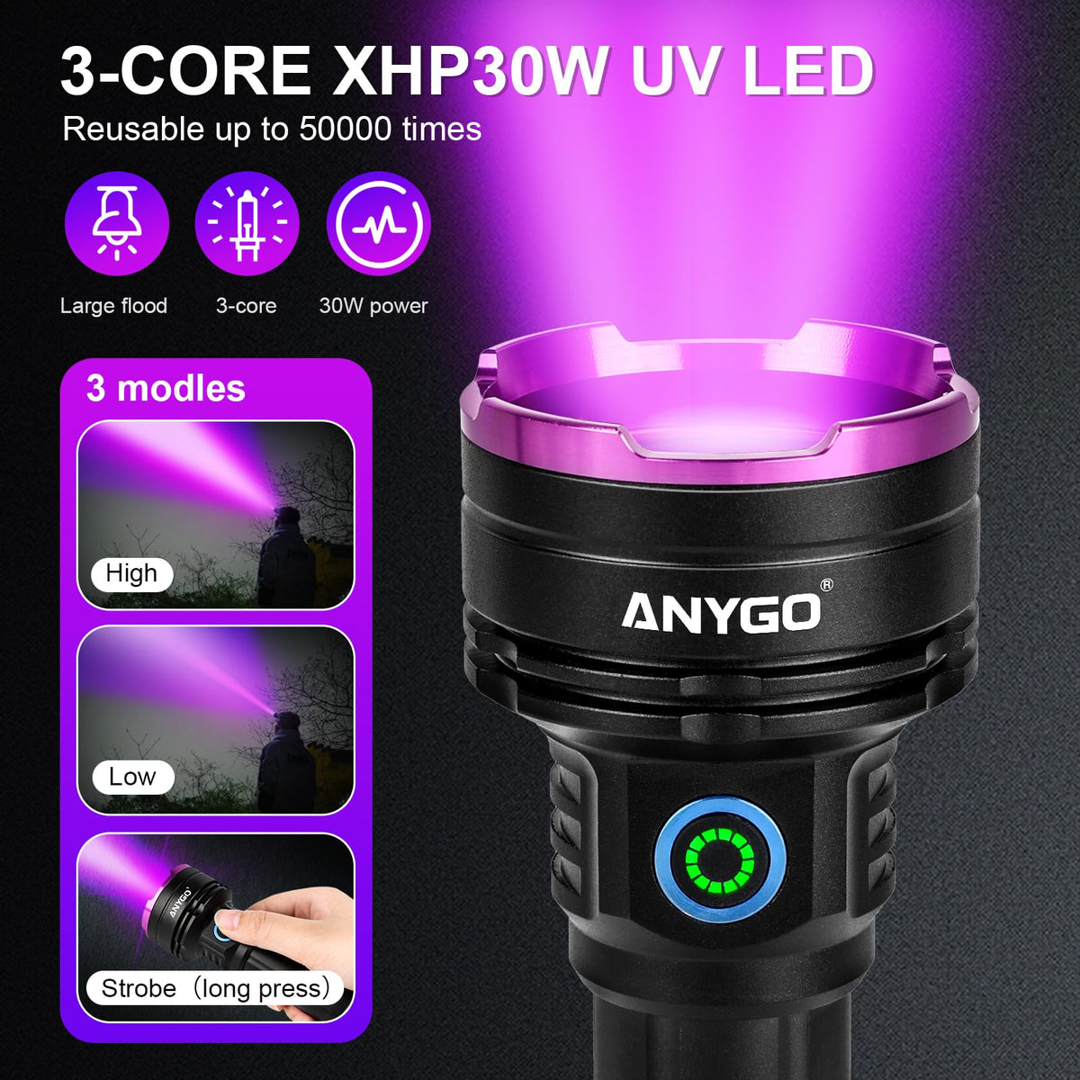 365nm UV Flashlight 30W Rechargeable Black Light with Filter - ANYGO Official Imagery - 5