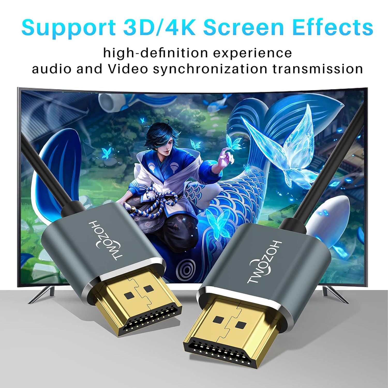 Twozoh ultra-thin HDMI to HDMI cable, 6.6 feet, Hyper Slim HDMI 2.0 cable for high-definition video and audio connection.