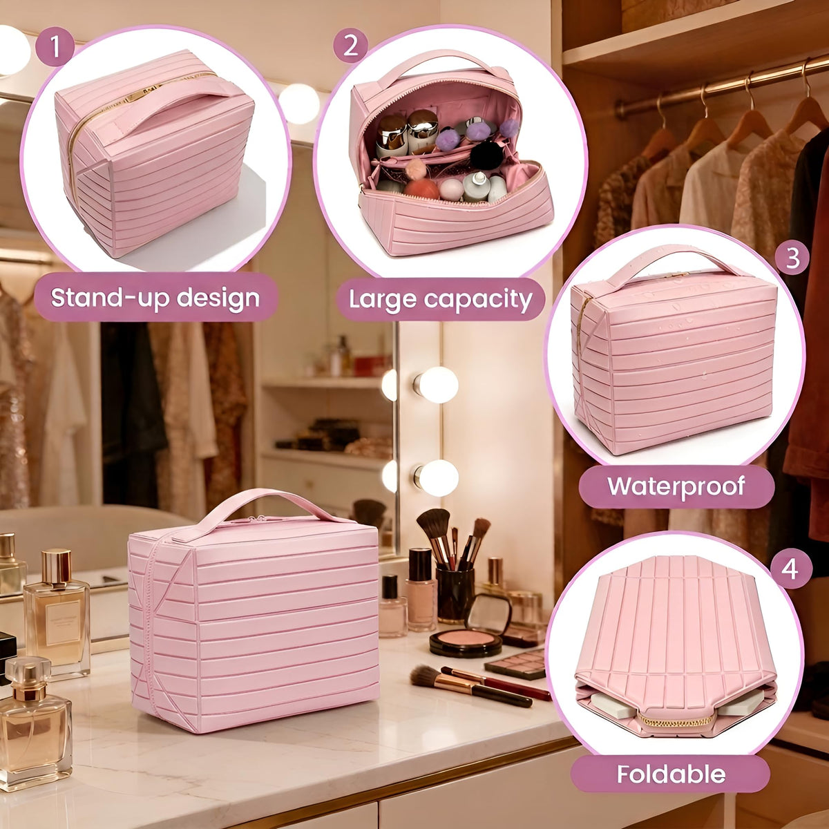 Lay Flat Fold Down Standing Makeup Bag Large Travel Toiletry - Premium Selection Official Imagery - 4