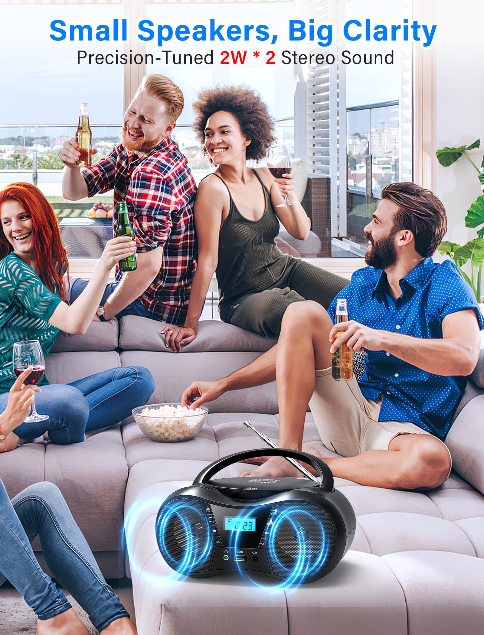 Greadio Portable Boombox CD Player with Bluetooth