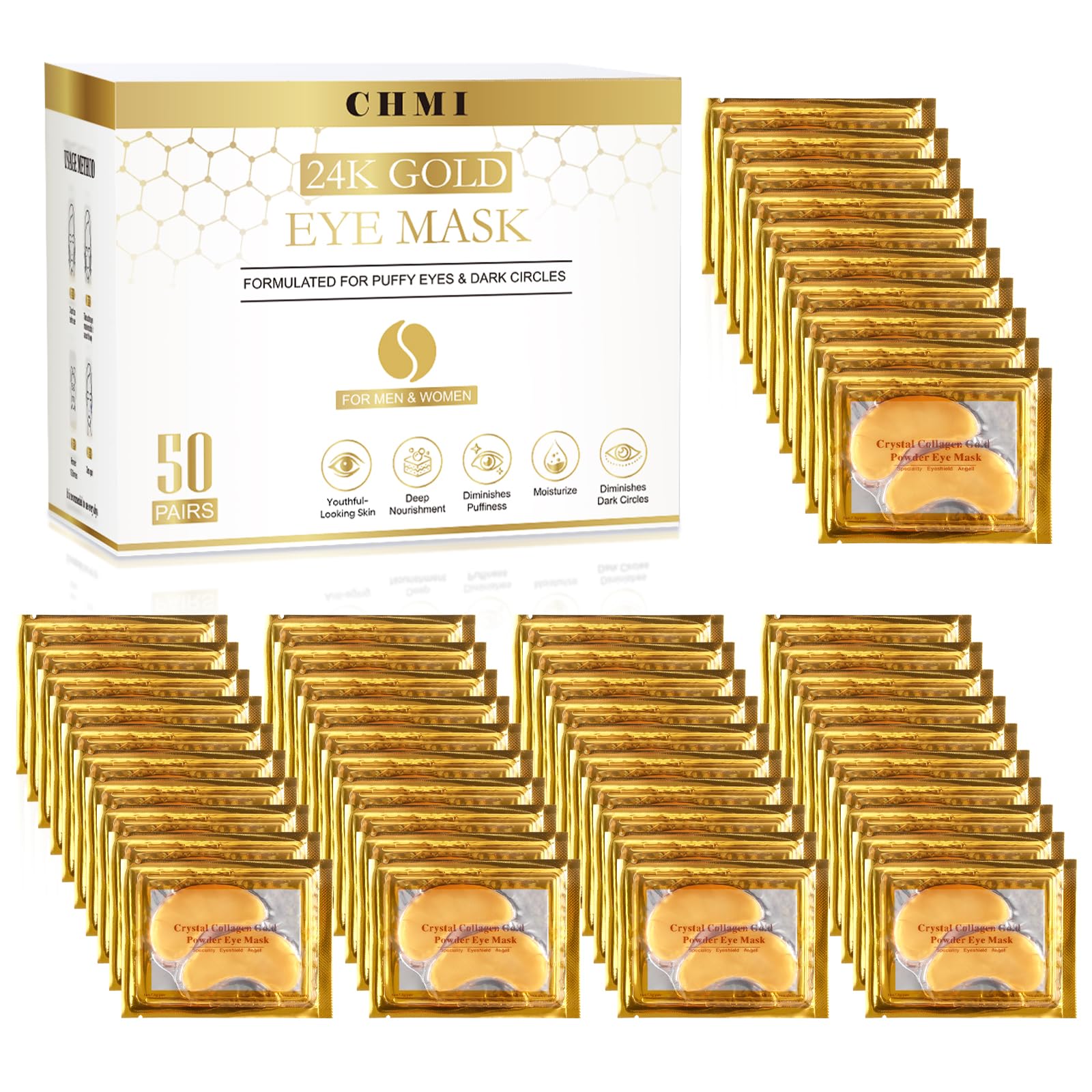 24K Gold Under Eye Patches 50 Pairs Collagen, Dark Circles, - Product Imagery