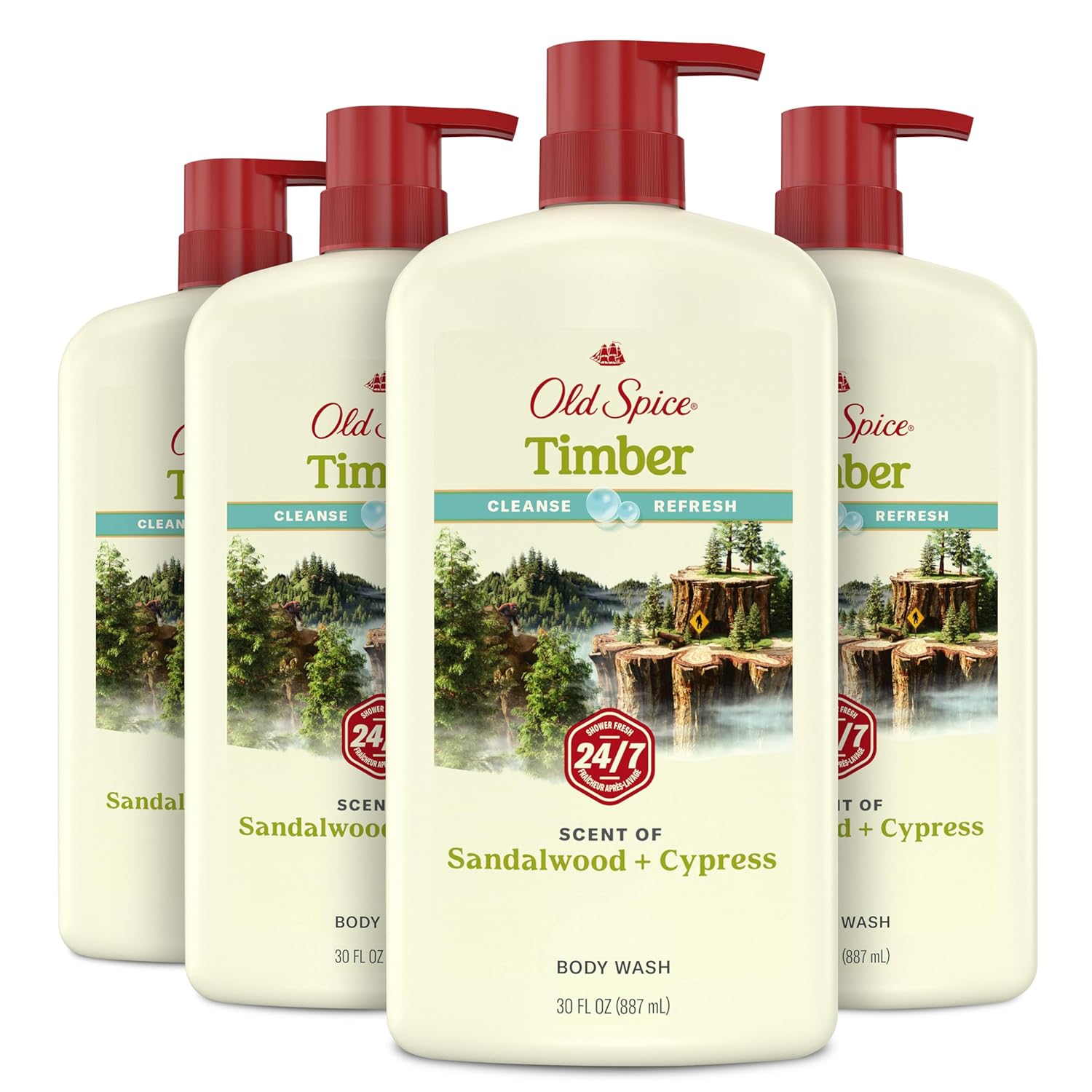 Old Spice men's 24/7 Shower Fresh cleansing body wash with a sleek bottle and vibrant label, designed for a lasting fresh scent.