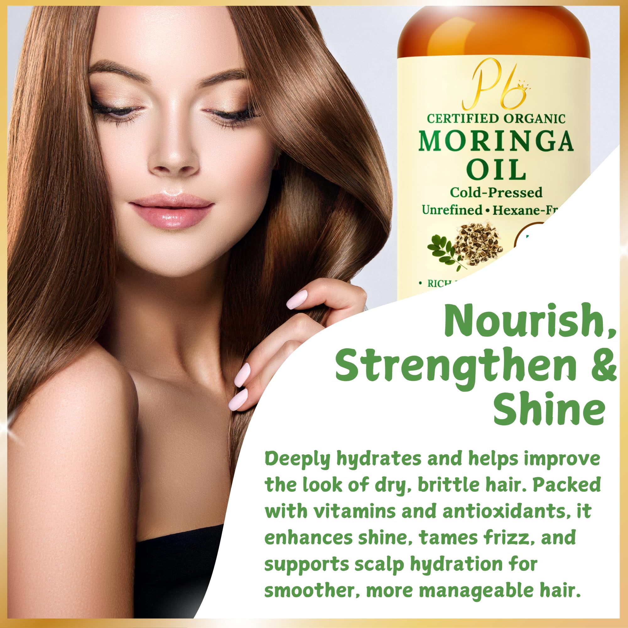 Pomberries Organic Moringa Oil in a 4oz bottle, natural face, skin, and hair moisturizer with a clear label.