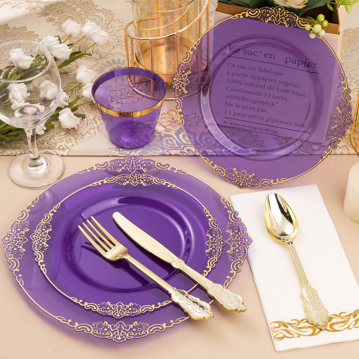 175PCS Clear Purple Plastic Plates for 25 Guests - Bestluck Official Imagery - 6