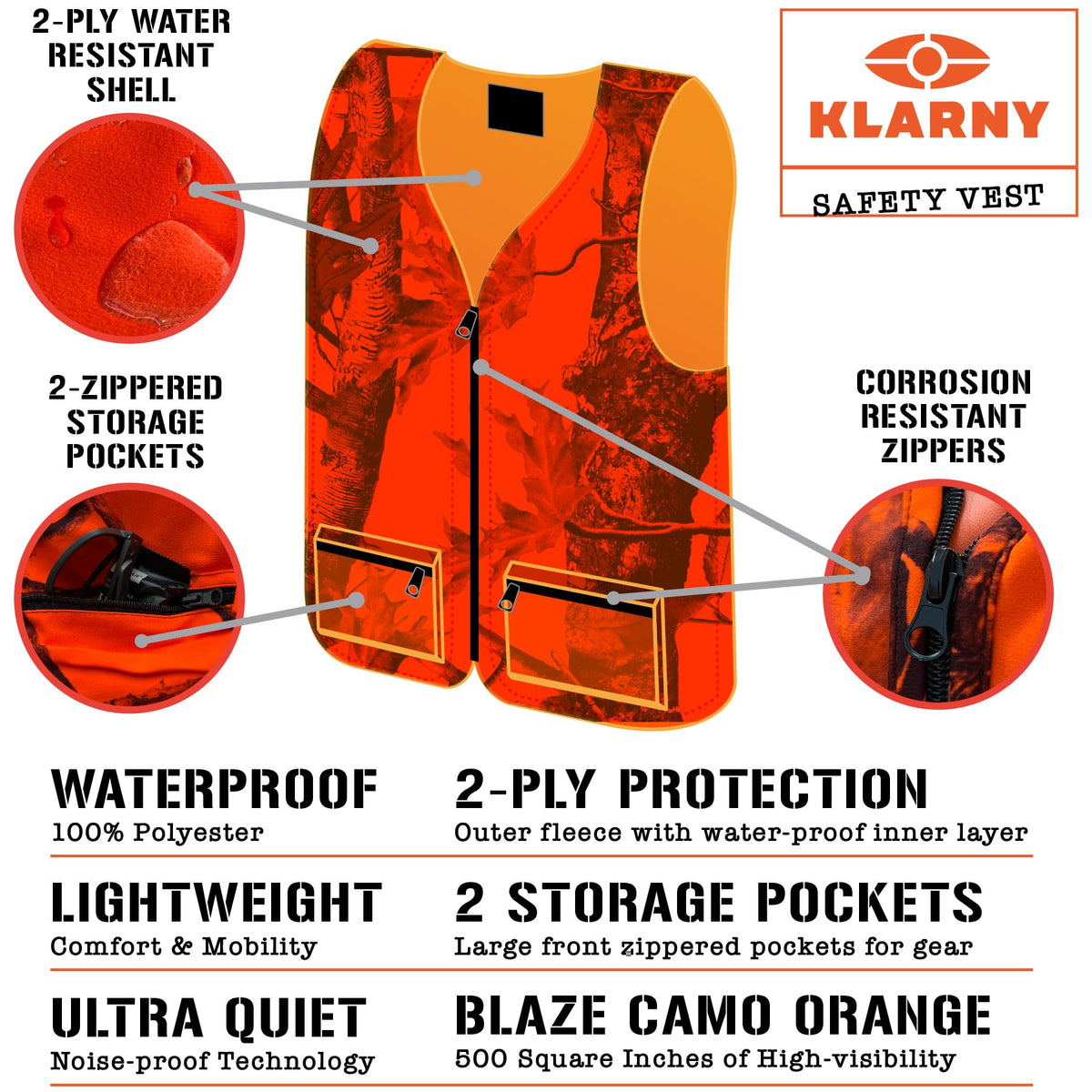 Blaze Orange Deer Hunting Vest with Pockets Hi Vis - Klarny Outdoors Official Imagery - 4
