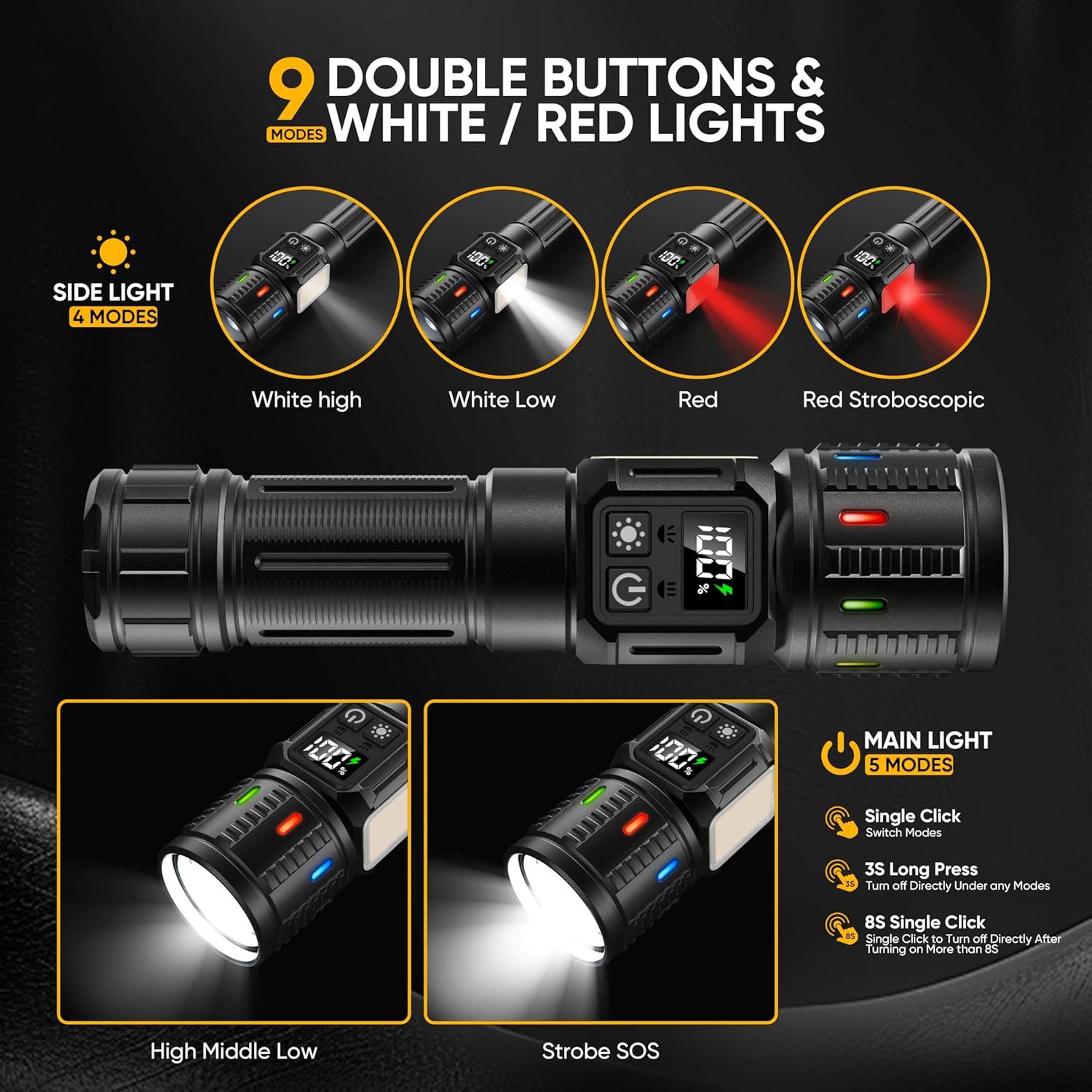 Lesusnicy rechargeable LED flashlight emitting high lumens, super bright light, with a durable black body and adjustable focus.