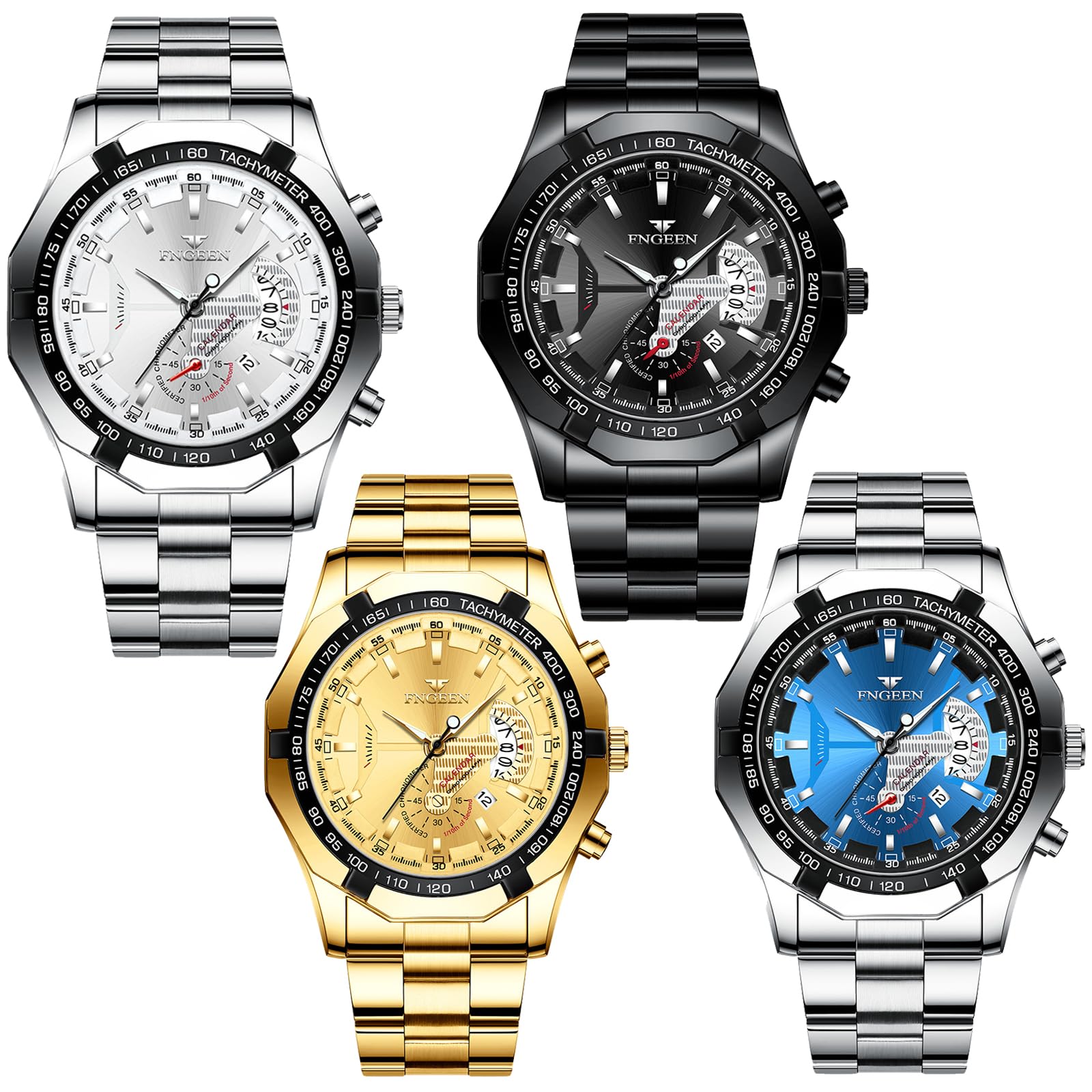 4 Pack Men's Stainless Steel Watches Waterproof Date Luminous - Product Imagery