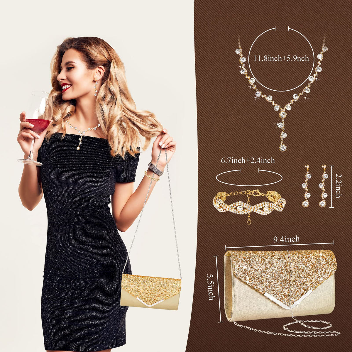 5 Pcs Jewelry Set Rhinestone Clutch Purse for Prom - Henoyso Official Imagery - 3