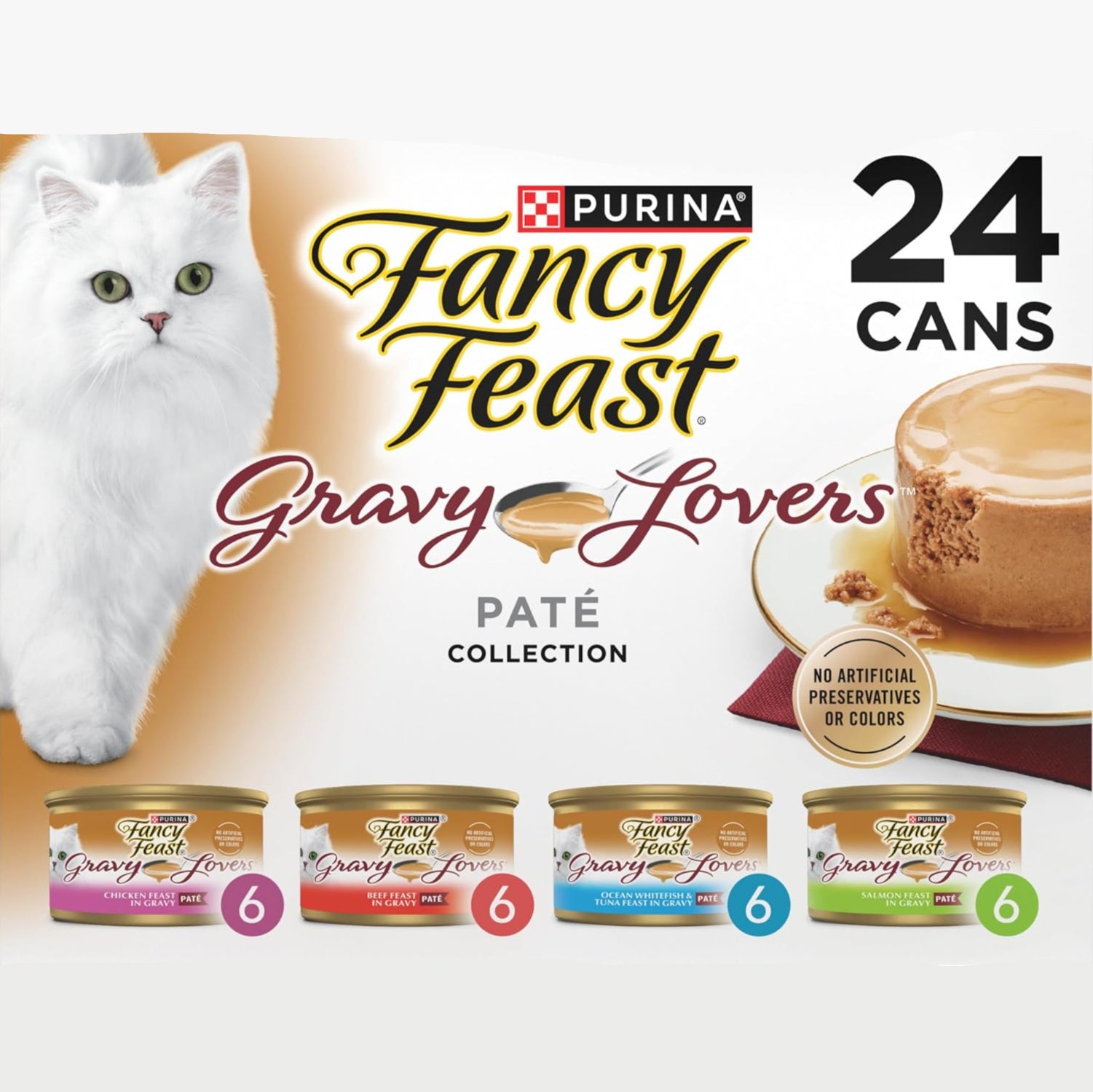 Fancy Feast Gravy Lovers variety pack of wet cat food with pate and gravy, featuring multiple flavors in 4.5 lb boxes.
