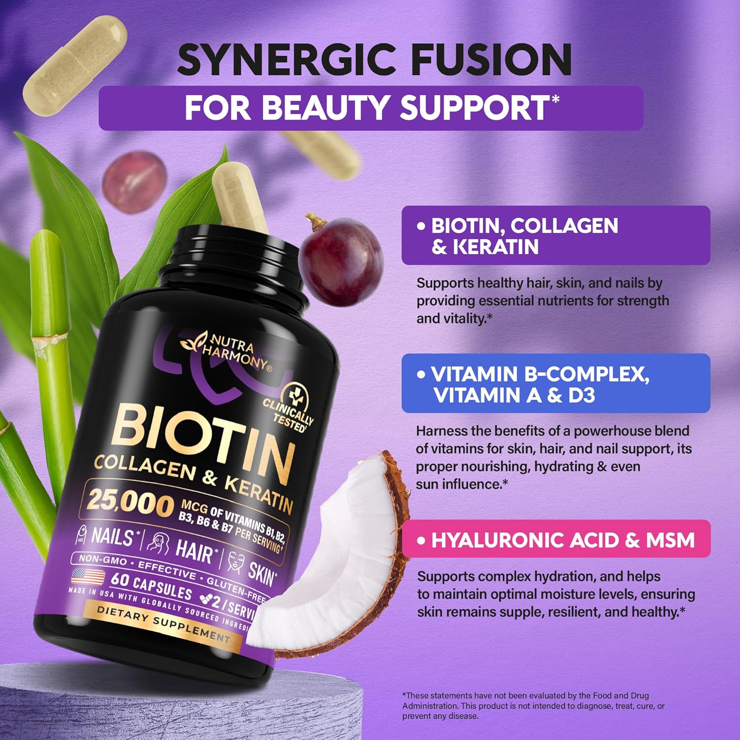 NUTRAHARMONY Biotin supplement for supporting normal hair growth with collagen, hyaluronic acid, and keratin in a supplement bottle