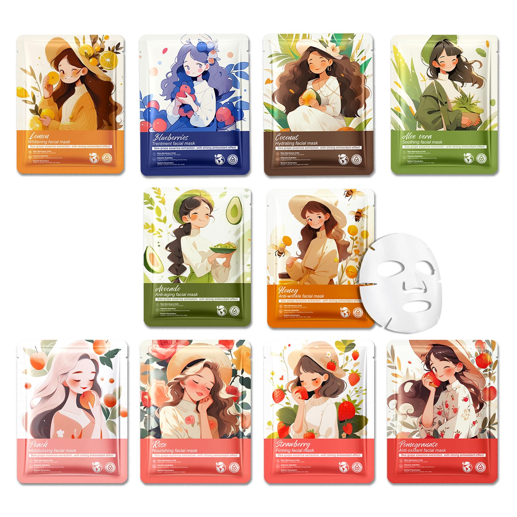 10PCS Hydrating Facial Sheet Mask,Moisturizing Face Masks - JunKuJK