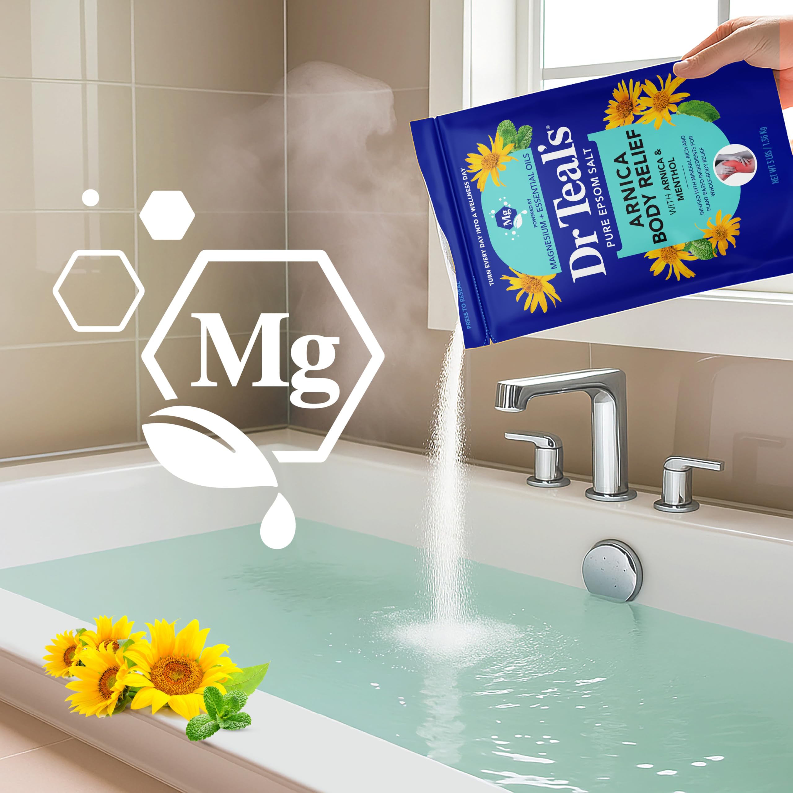 Dr Teal's Arnica Body Relief Epsom Salt Magnesium Soak with Menthol & Essential Oils, Muscle Recovery, 3 lbs