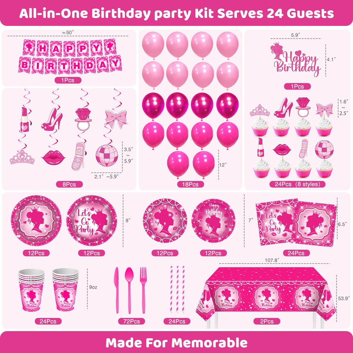 Hand Drawn Hot Pink Birthday Decorations 24 Guests Party - julyshy Official Imagery - 4
