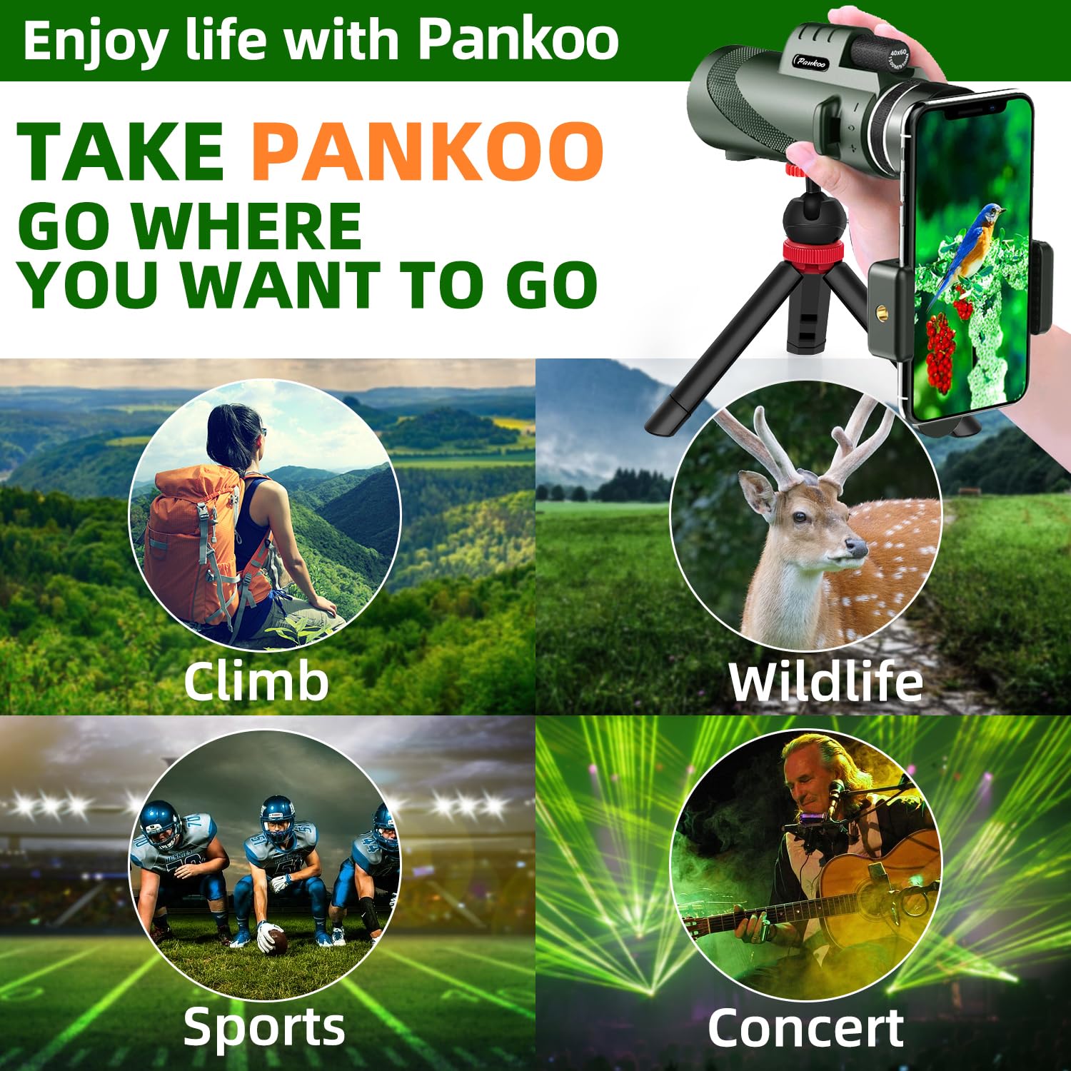 Pankoo 40X60 Monocular Telescope with Smartphone Holder& Tripod, by Pankoo - Angle View 5