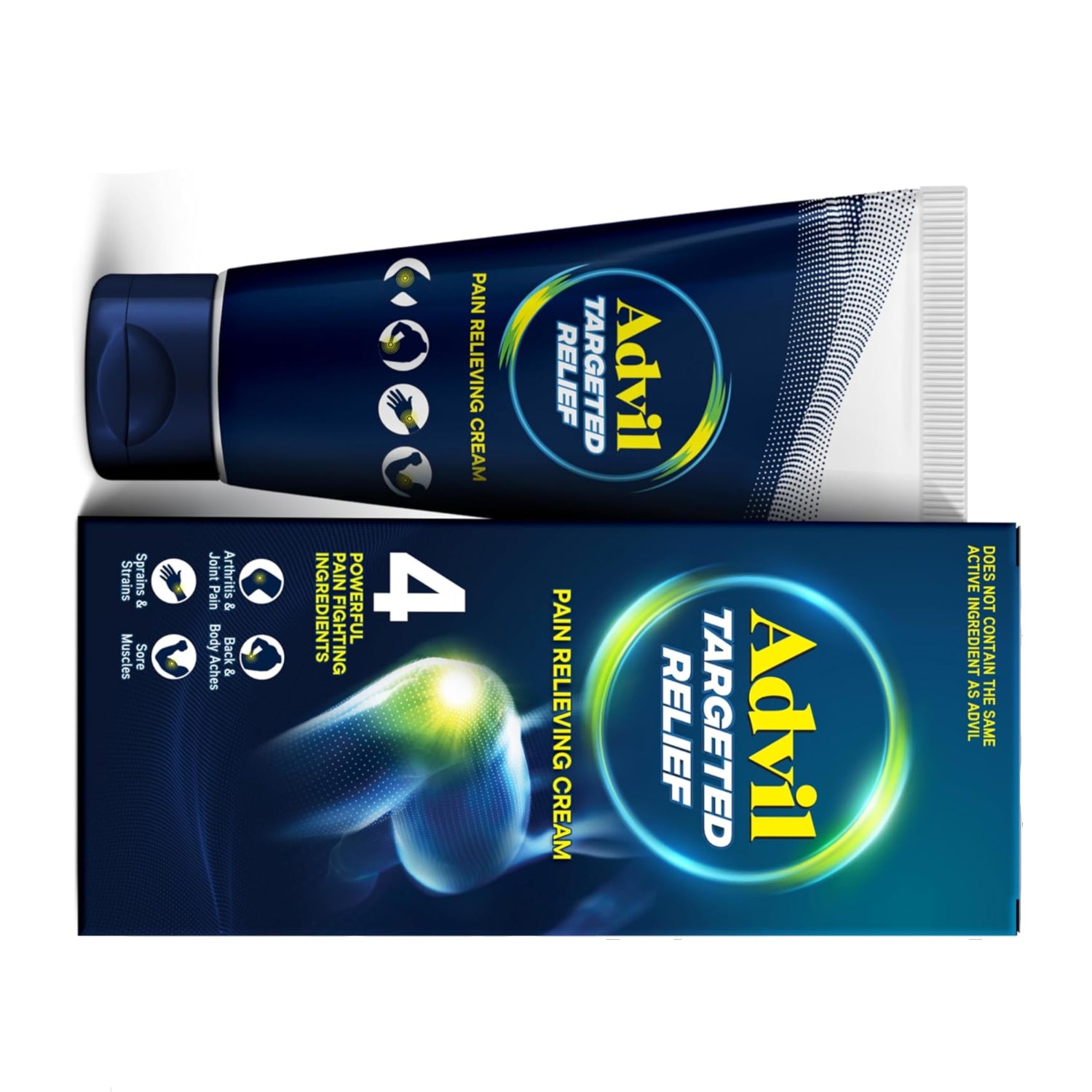 Advil Targeted Relief Pain Relieving Cream in a tube, showing the product packaging with label and applicator tip.