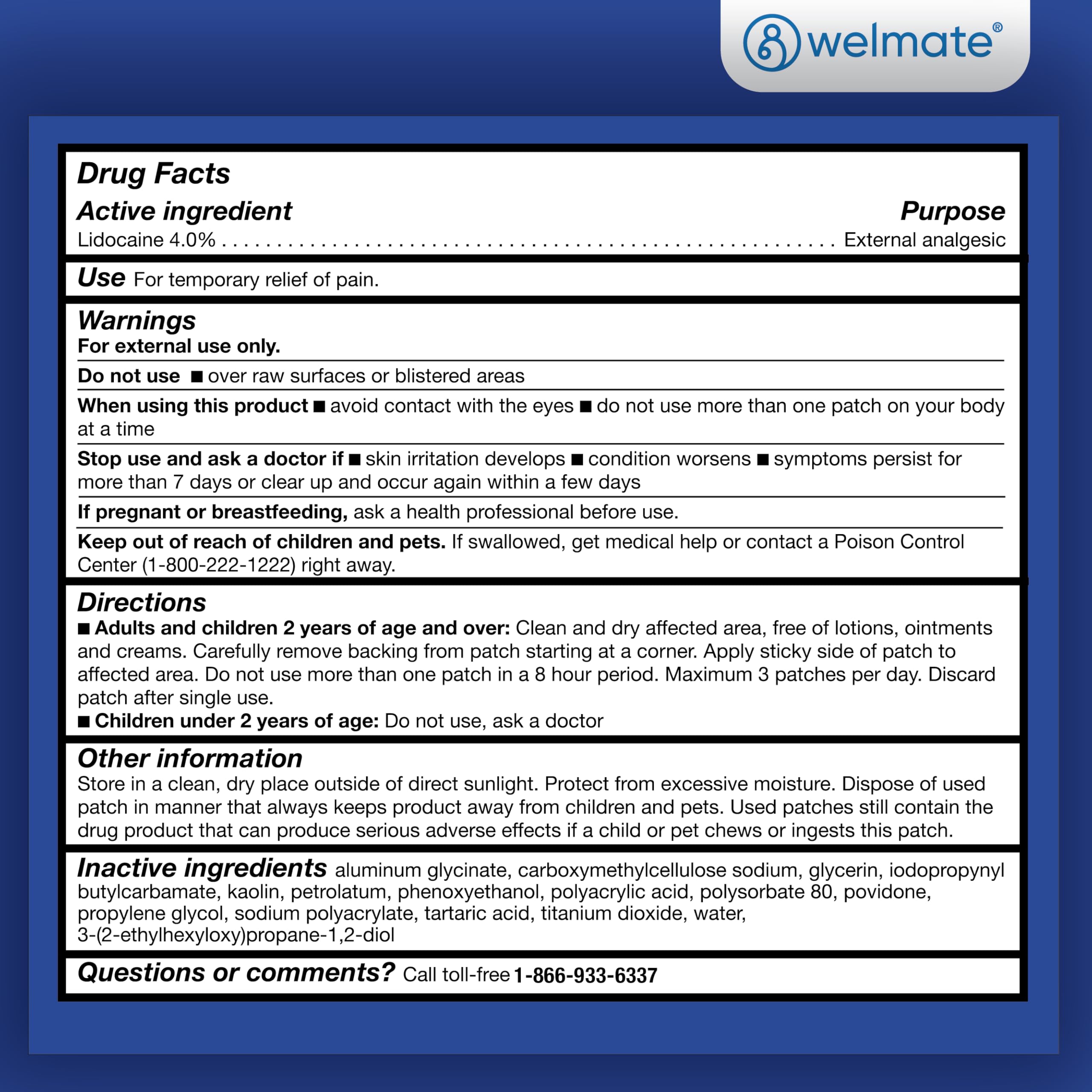 WELMATE 4% Lidocaine Pain Relief Patch Max Strength 30ct