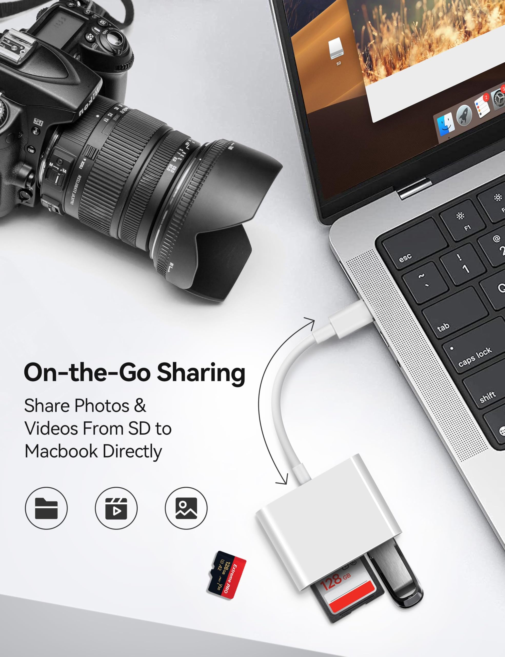 MujuDoler USB C SD Card Reader with dual slots and USB port for iPhone 15, iPad, MacBook, Android, and other USB-C devices.