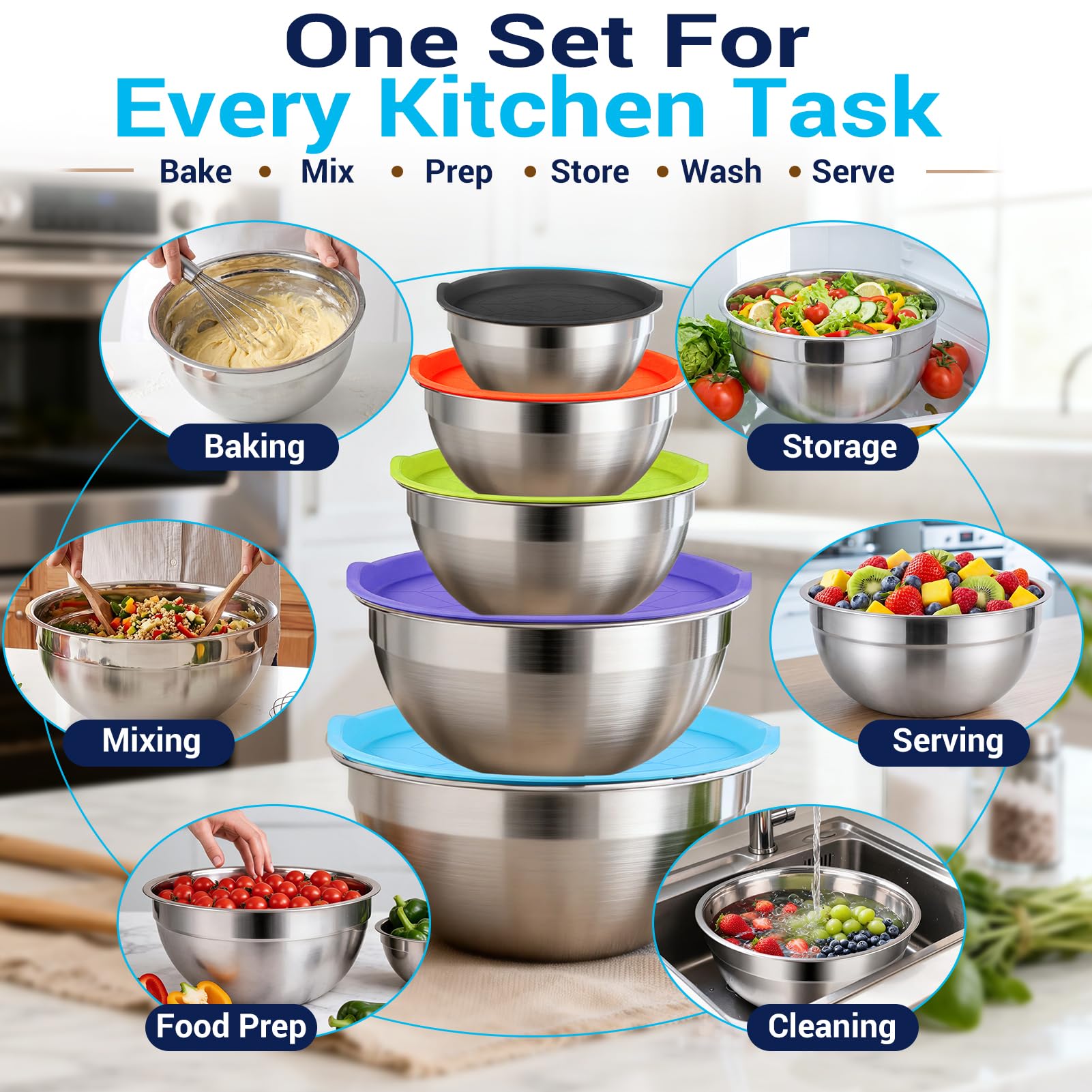 WEPSEN Mixing Bowls with Lid Set, 25PCS Kitchen Utensils Metal Bo by WEPSEN - Angle View 6