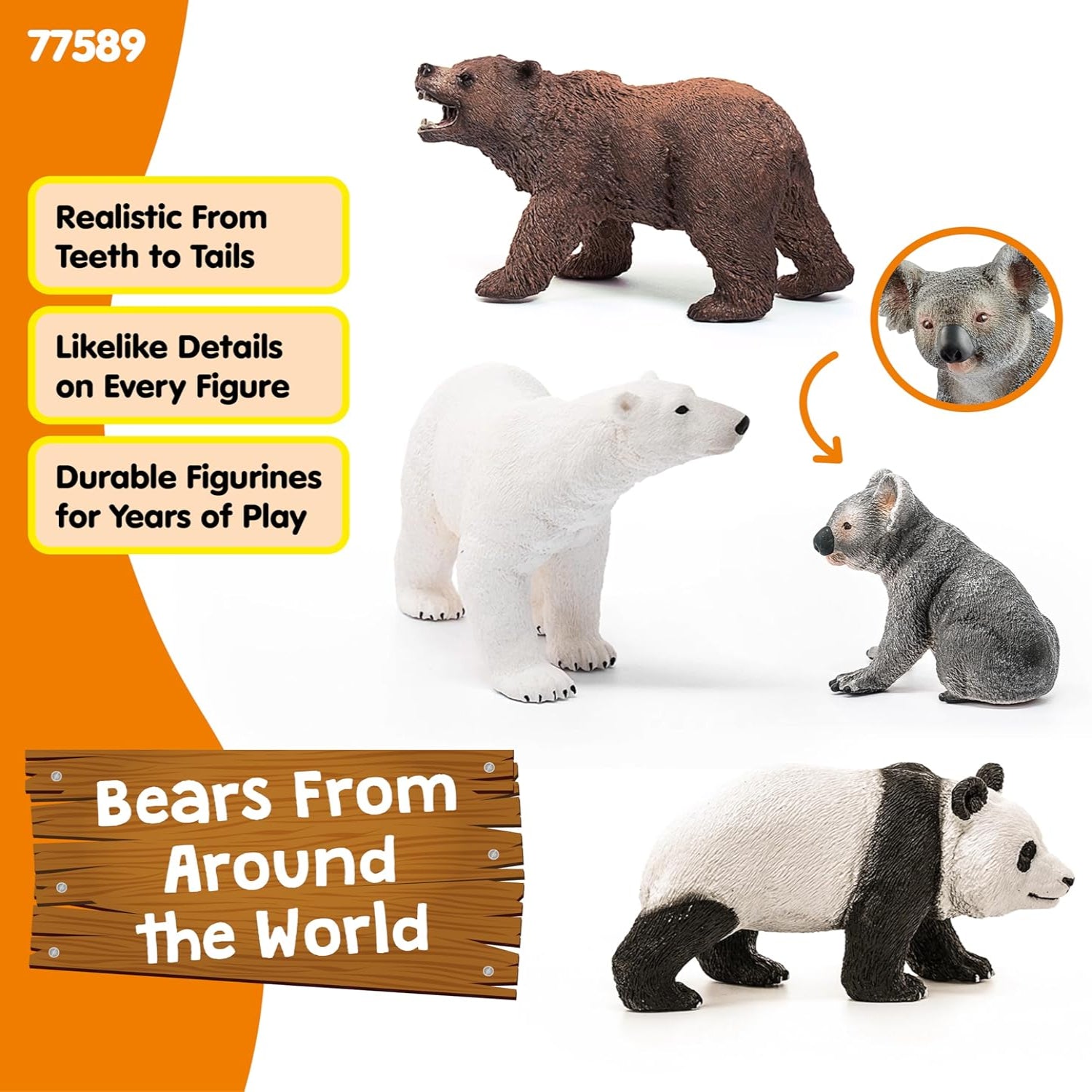 Elefair Schleich Wild Life 4-piece bear toy set featuring realistic panda, koala, grizzly, and polar bear figures for play and collection.