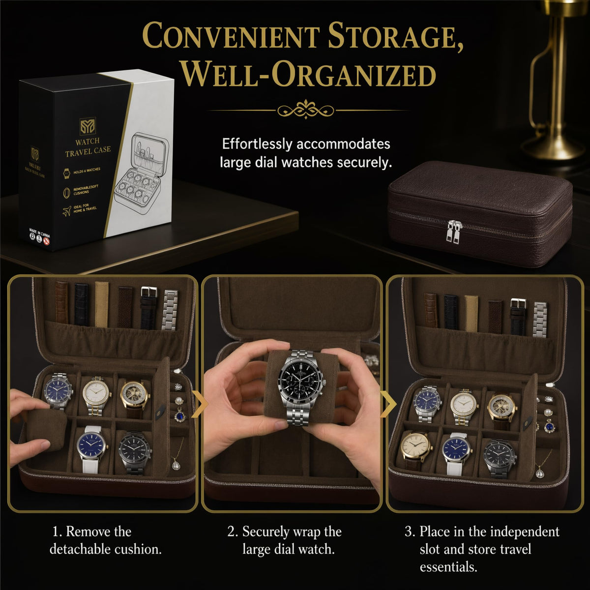 Watch Travel Case Holds 6 Watches Premium Dark Brown Leather - YMluky Official Imagery - 5