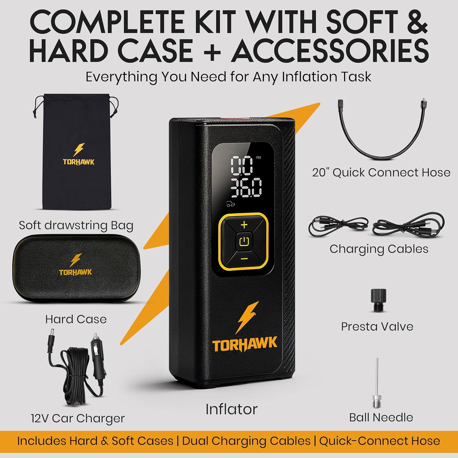 TORHAWK dual cylinder portable air compressor with digital display, cordless design, and 160 PSI for tire inflation.
