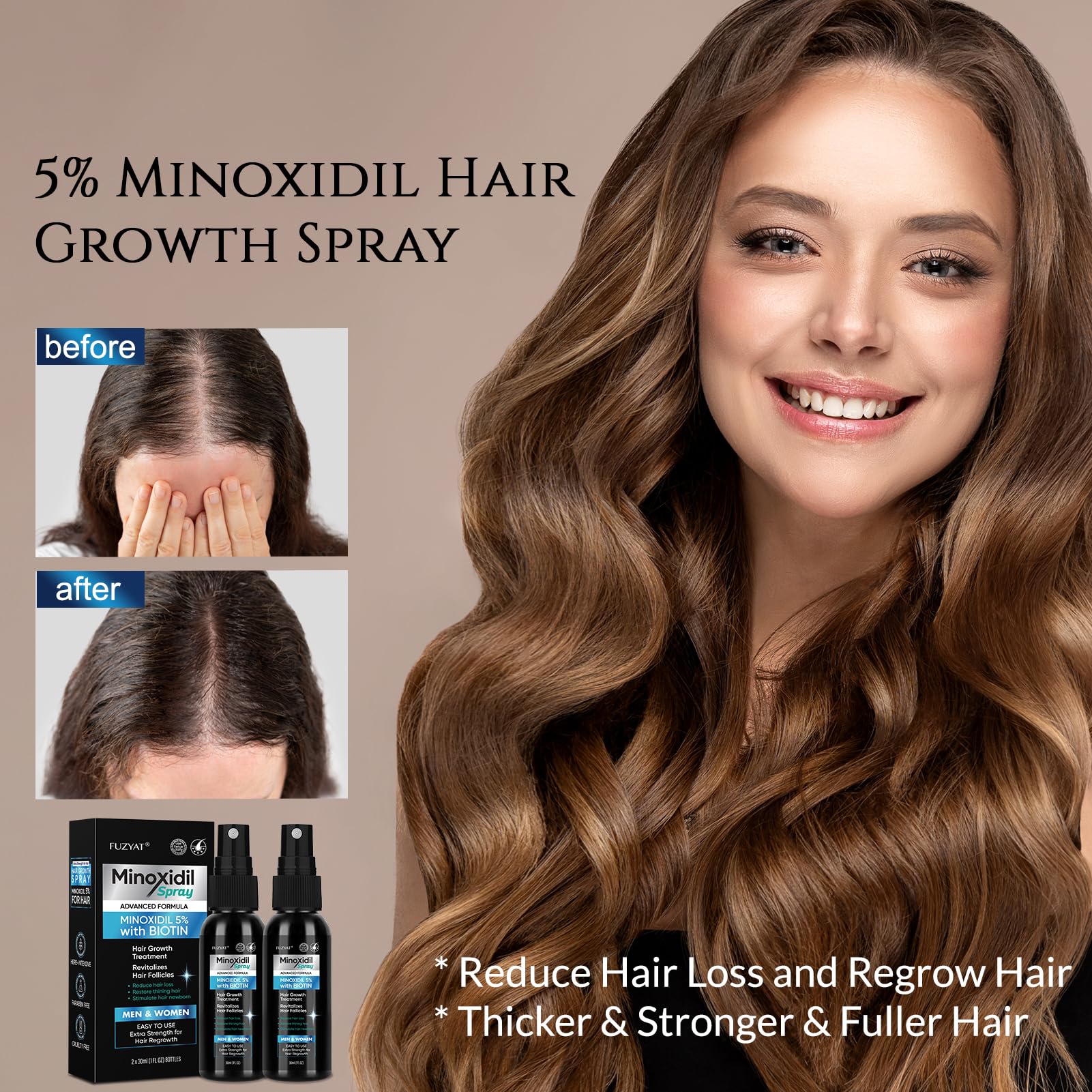 FUZYAT 5% Minoxidil Beard and Hair, Minoxidil Hair Growth Spray with Biotin & - FUZYAT Official Product View 5