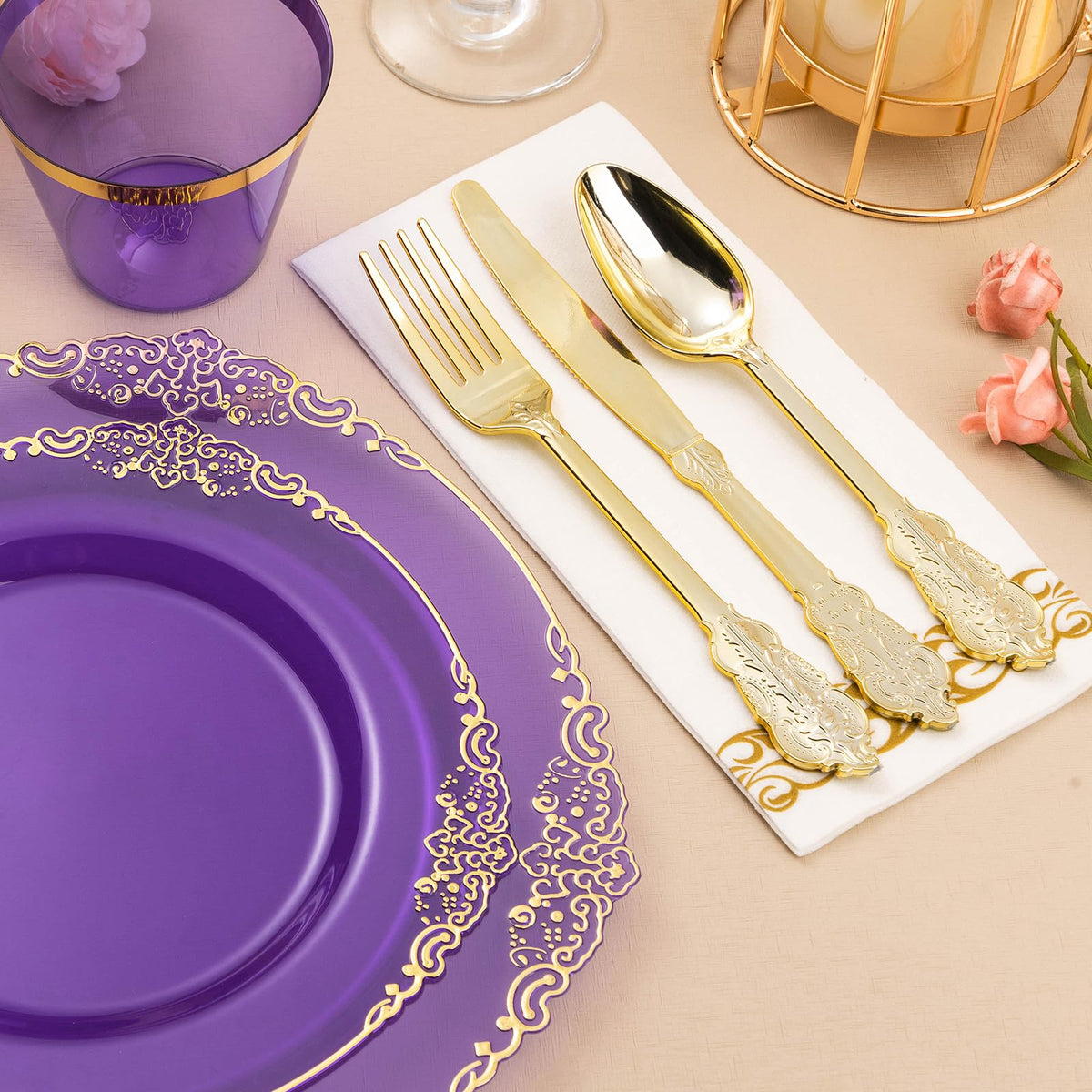 175PCS Clear Purple Plastic Plates for 25 Guests - Bestluck Official Imagery - 5