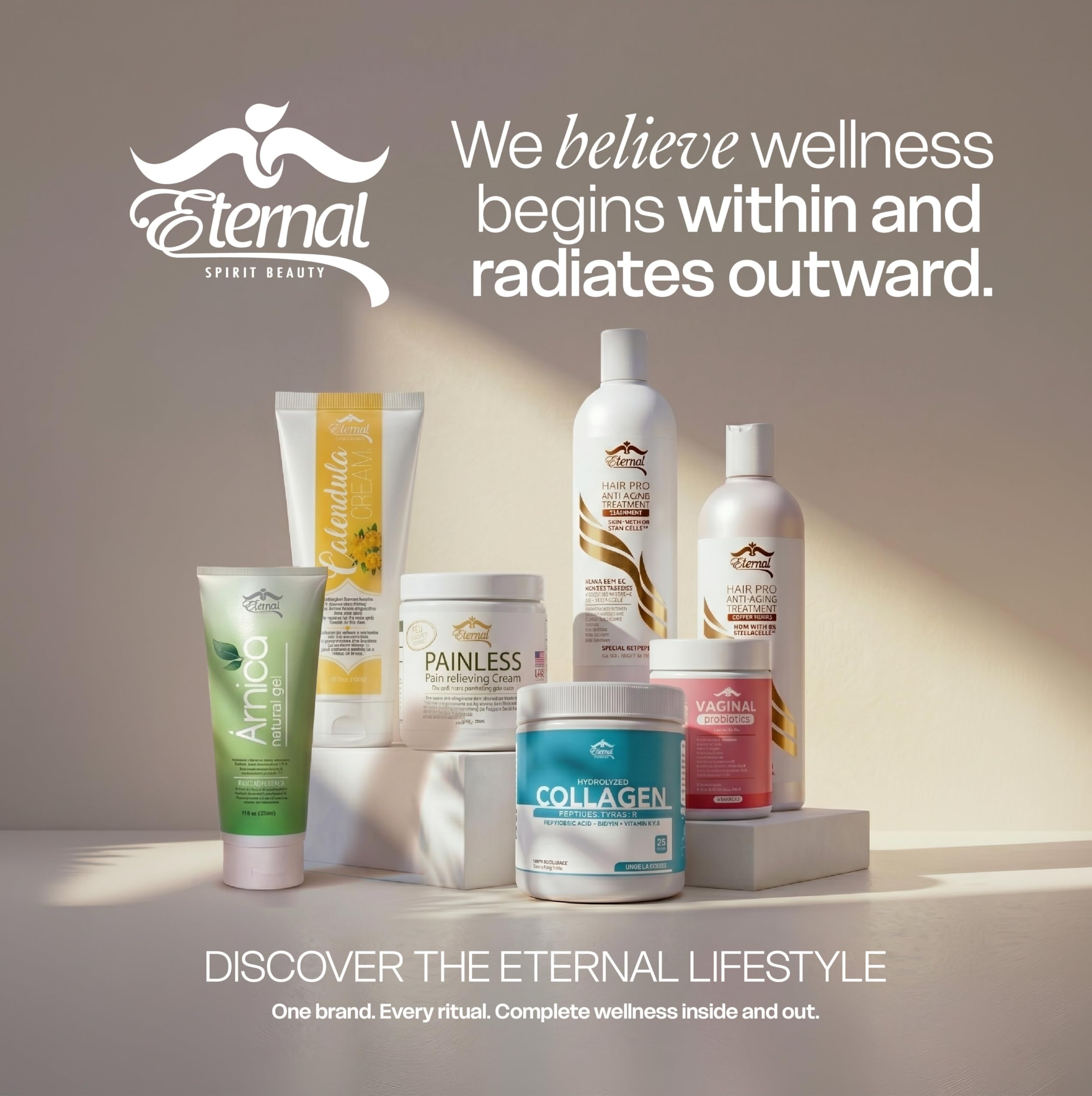 Eternal Spirit Beauty Arnica Gel skincare moisturizer with cooling botanical ingredients, 8oz jar on a white background.