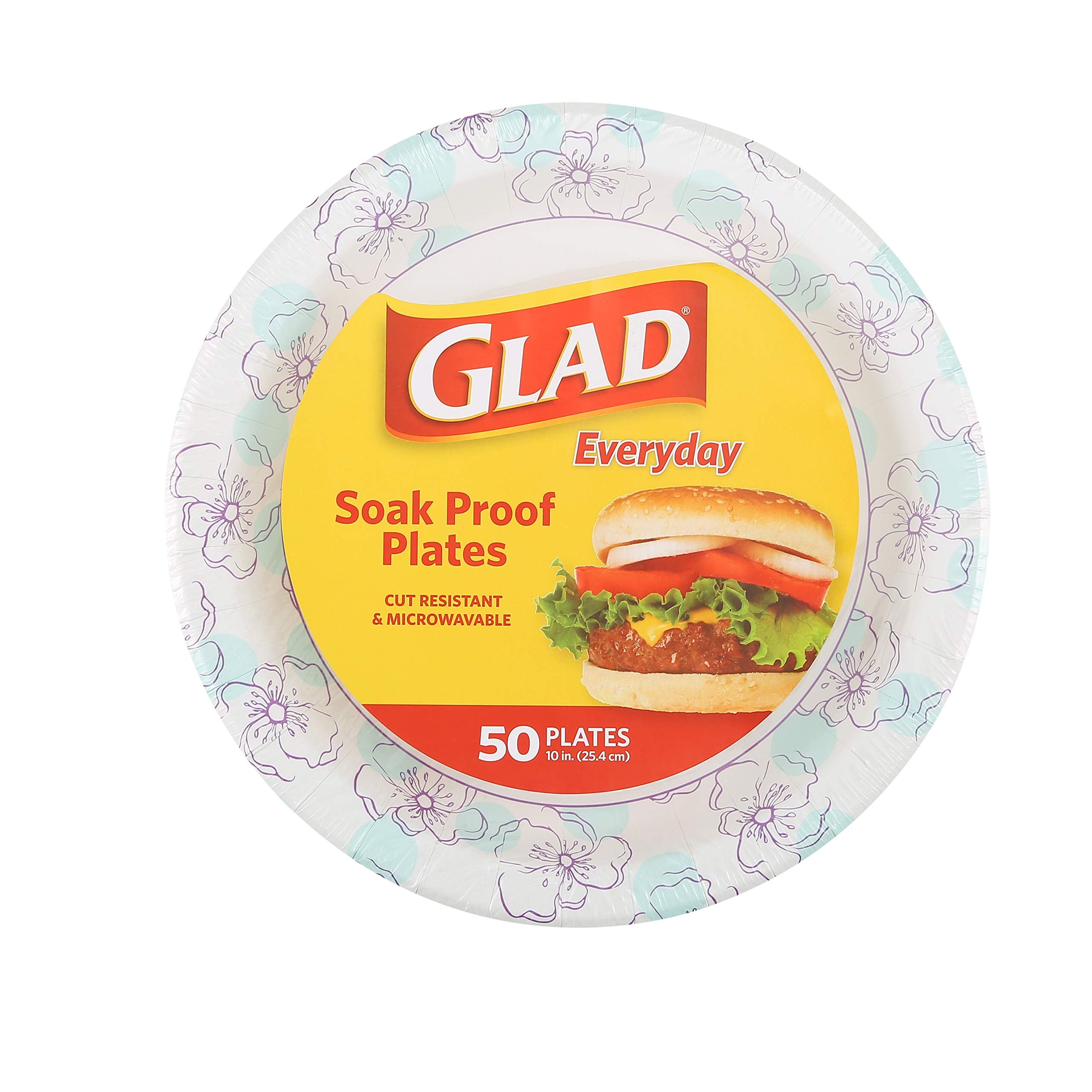 Glad Round Paper Plates, Blue Flower Design, 10 Inch, 50 Count - Product Imagery