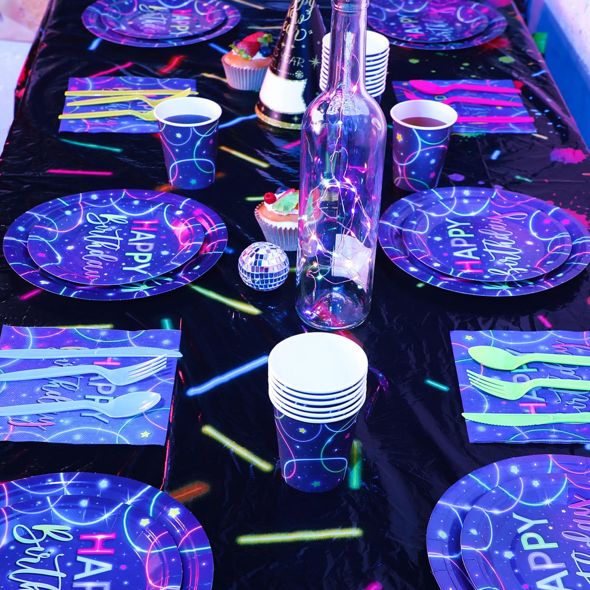 Meanplan 168 Pcs Neon Glow Birthday Party Tableware Set for - Meanplan Official Imagery - 4