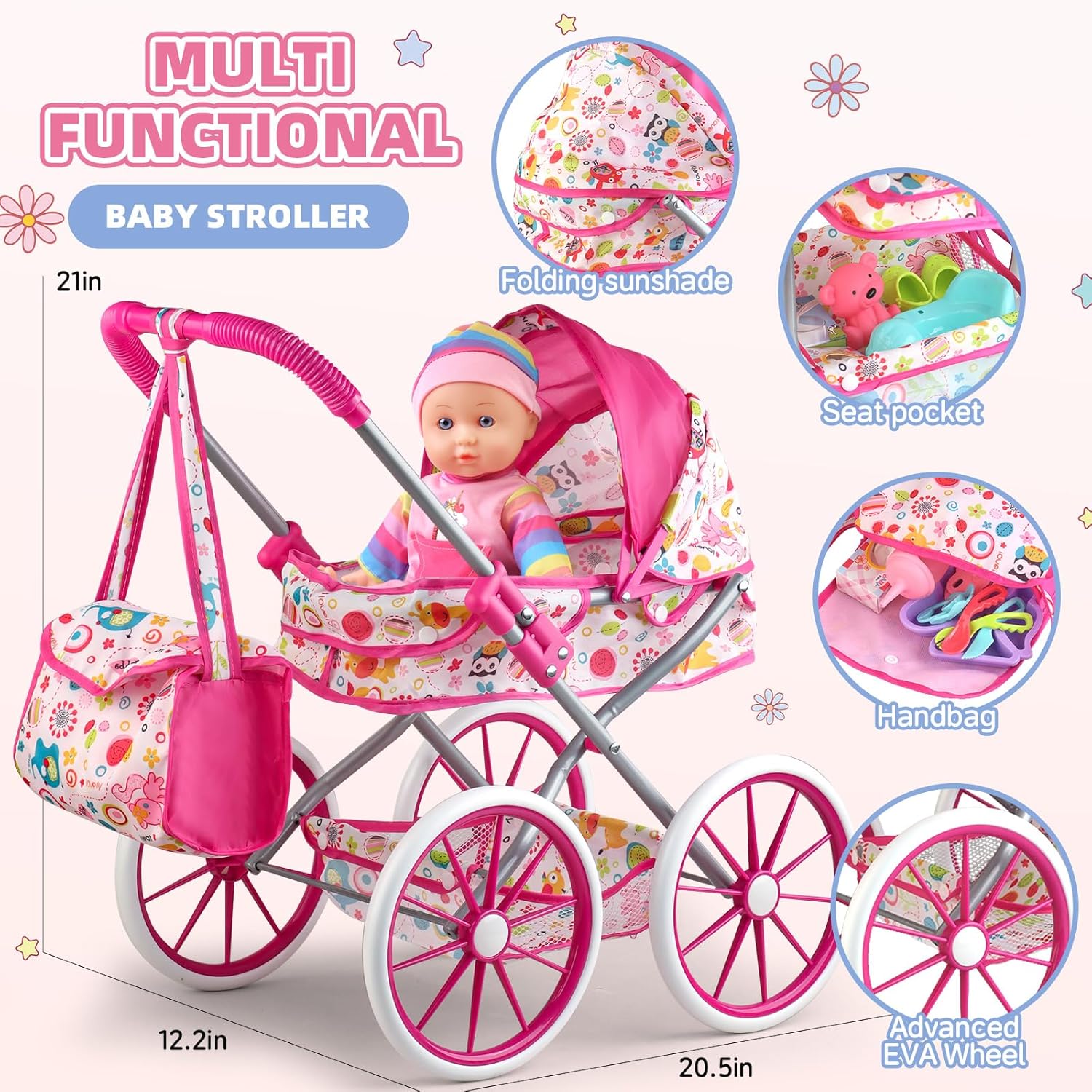 YIYBM baby doll stroller toys set with 12.5-inch doll, dining chair, quilt pillow, and 24-piece accessories for children.