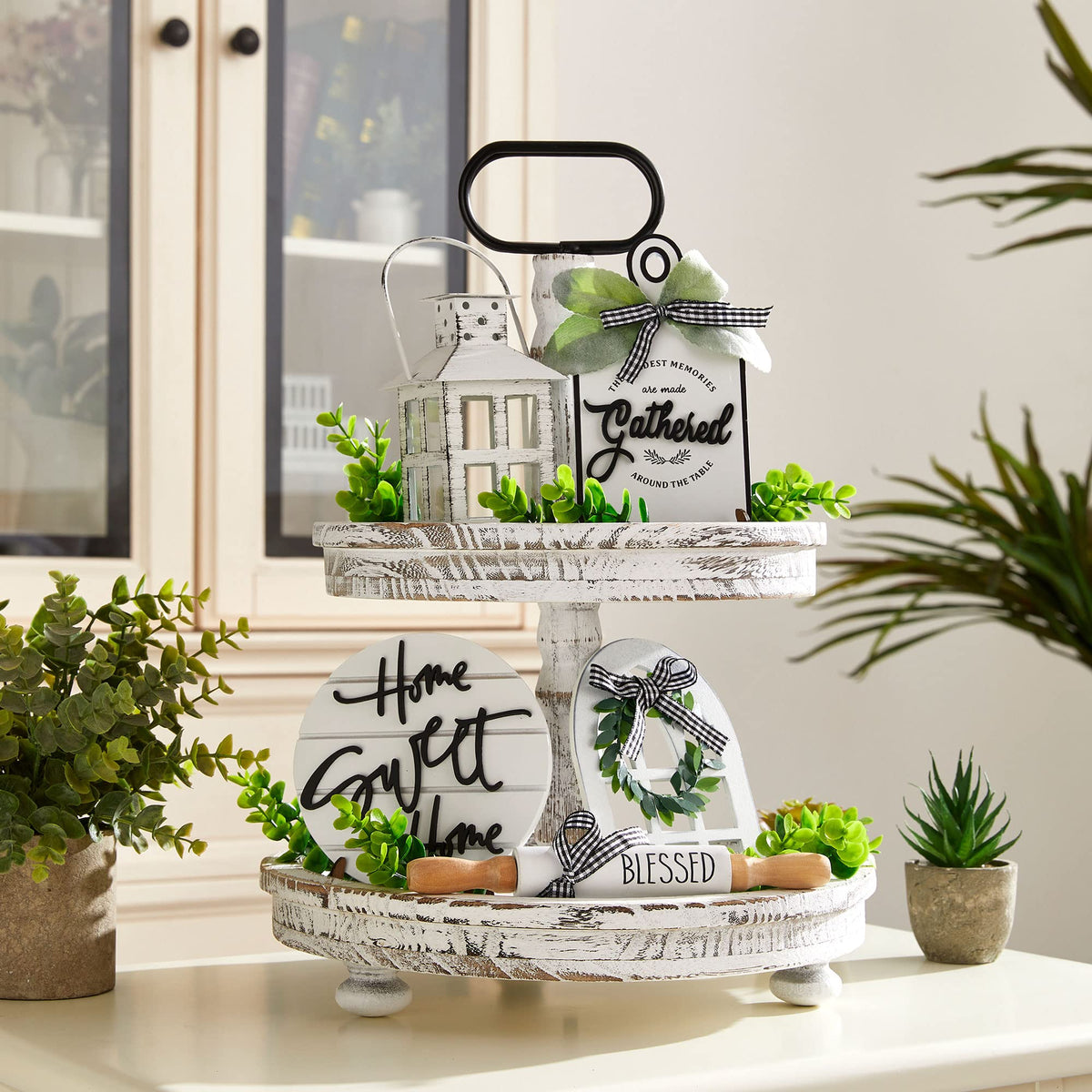 Set of 16 Farmhouse Tiered Tray Decor with 1 Lantern - Houmury Official Imagery - 3