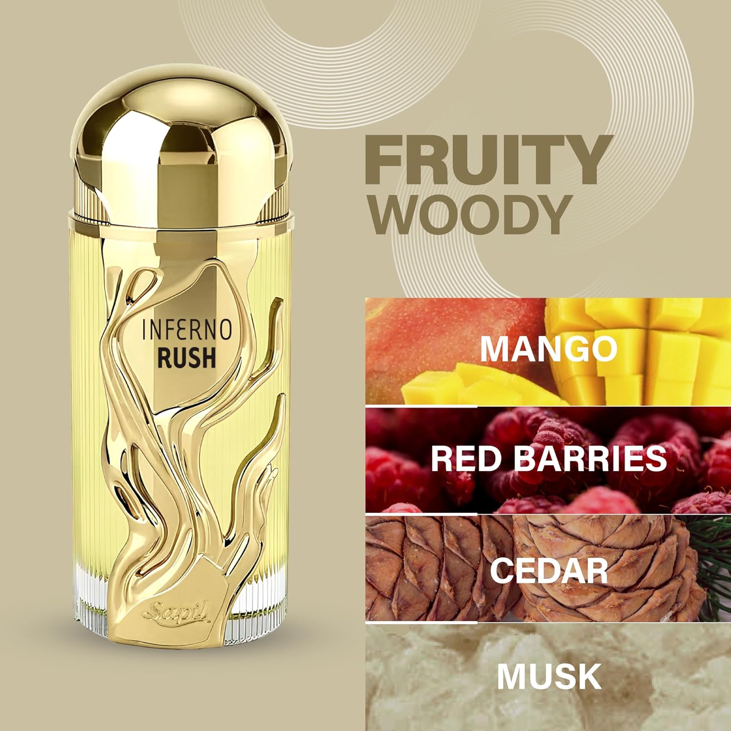 Sapil Inferno Rush unisex Eau de Parfum featuring bold fruity and woody notes with mango accents.