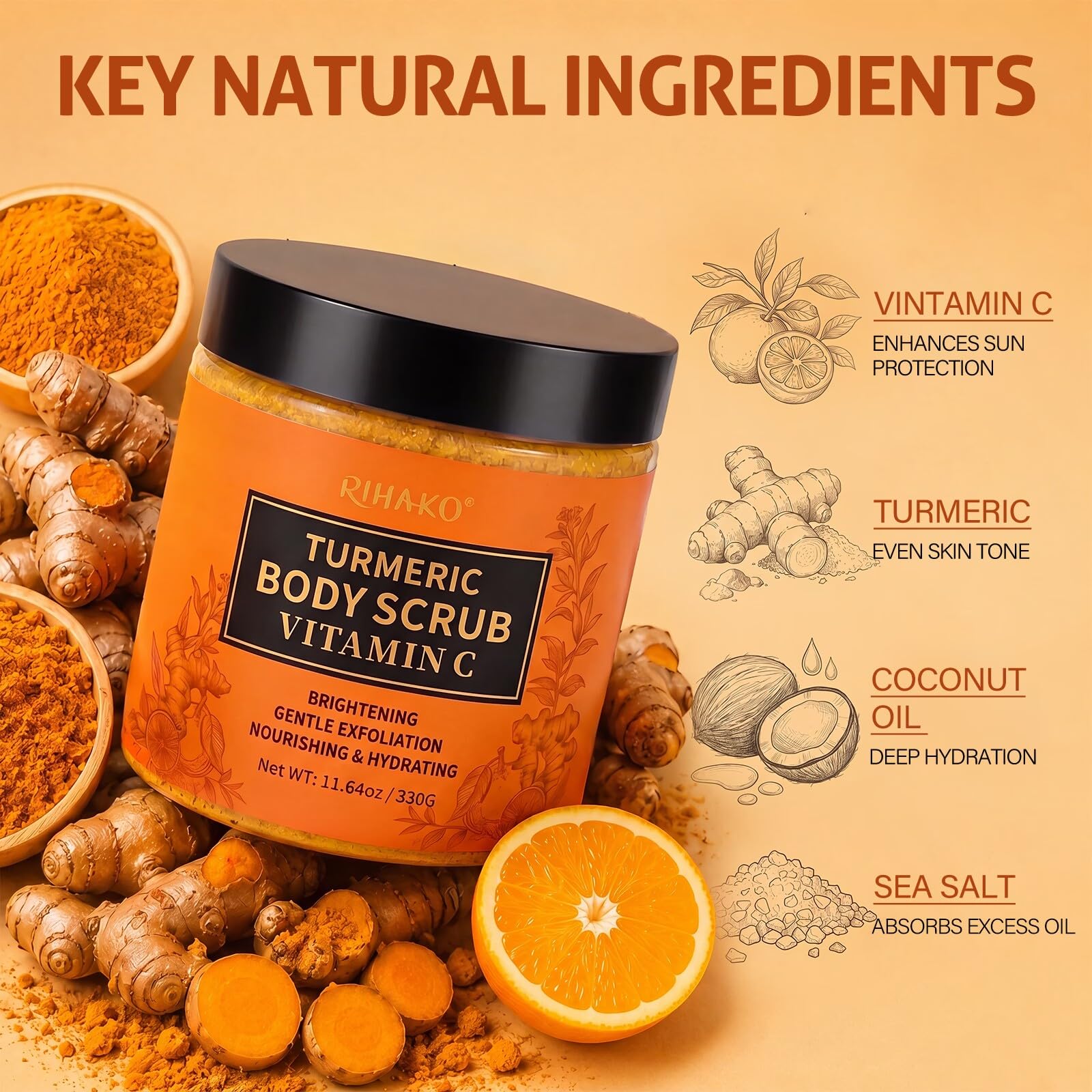 RIHAKO Turmeric Body Scrub, Exfoliating Body Scrub with Vitamin C, Deep - RIHAKO Official Product View 5