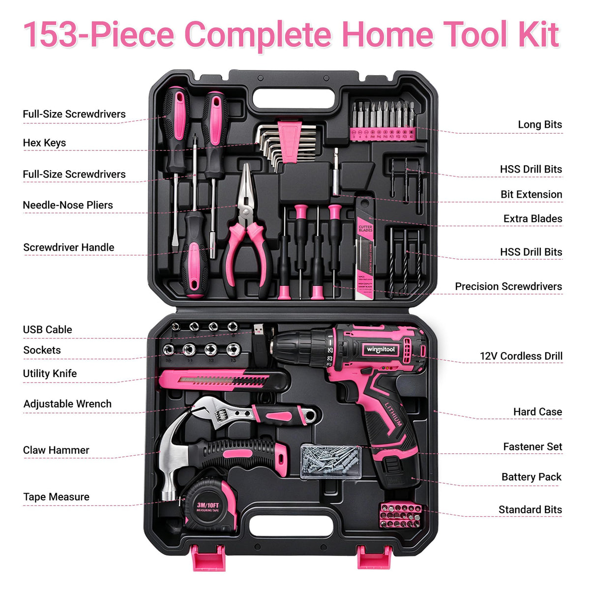 153 Piece Home Tool Set with 12V Pink Cordless Drill Hand - winmitool Official Imagery - 4