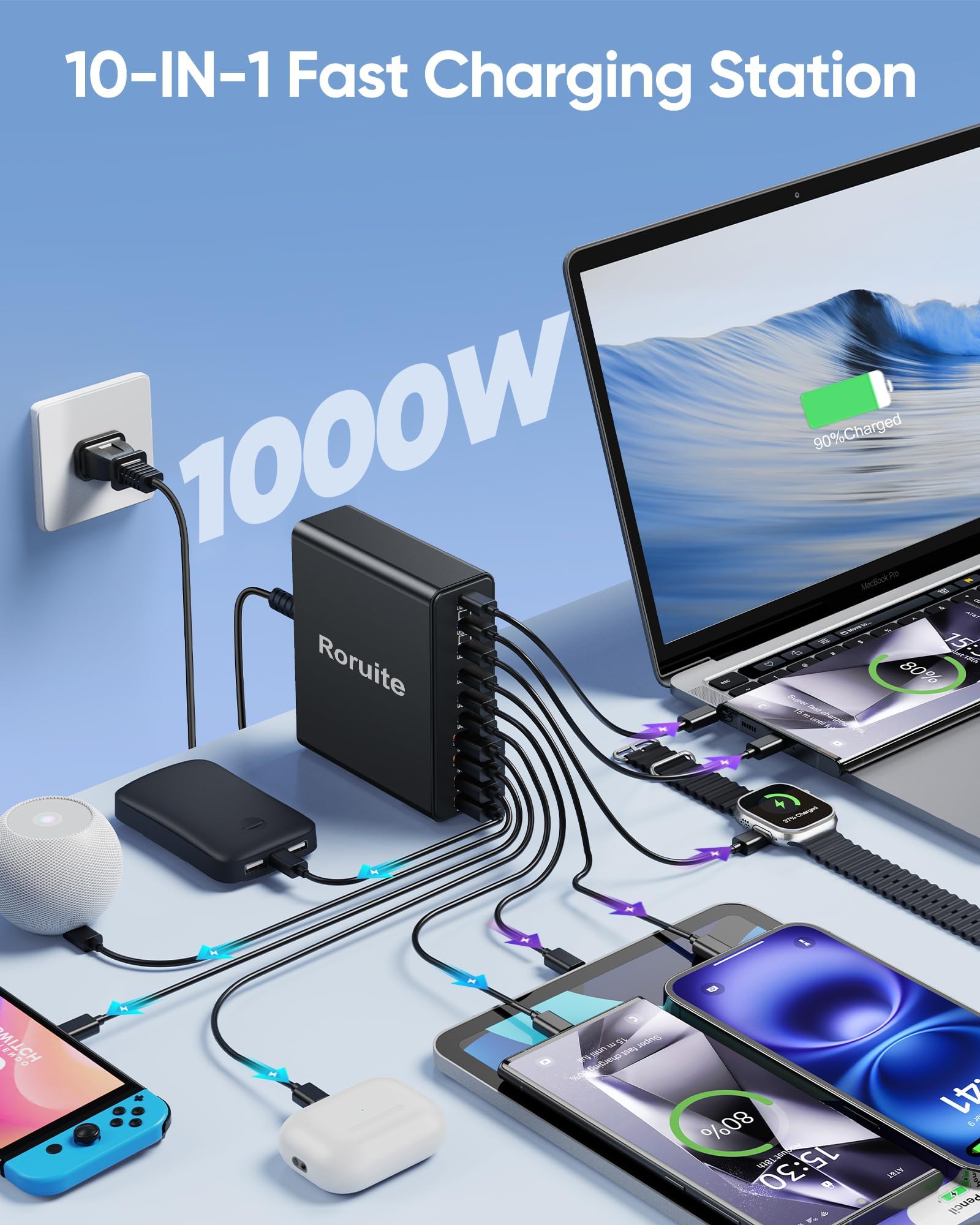 Roruite 1000W USB C Charging Station, 120W PD GaN5 Super Fast USB by Roruite - Angle View 2