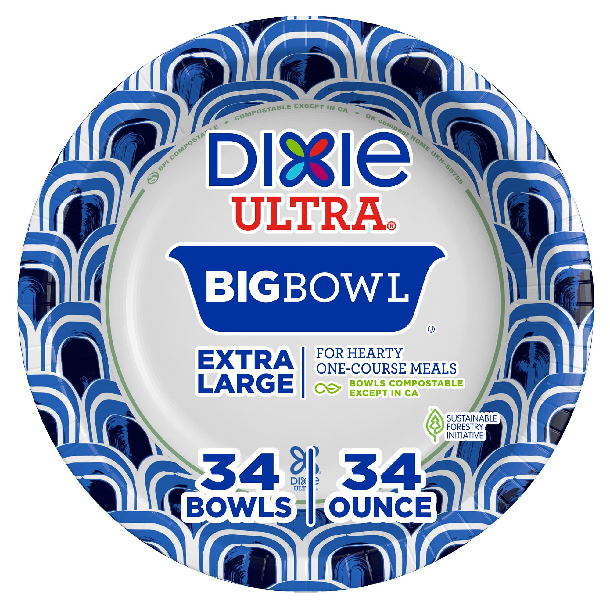Dixie Ultra Large Paper Bowls, 34 oz Disposable Bowls, 34 Count - Product Imagery