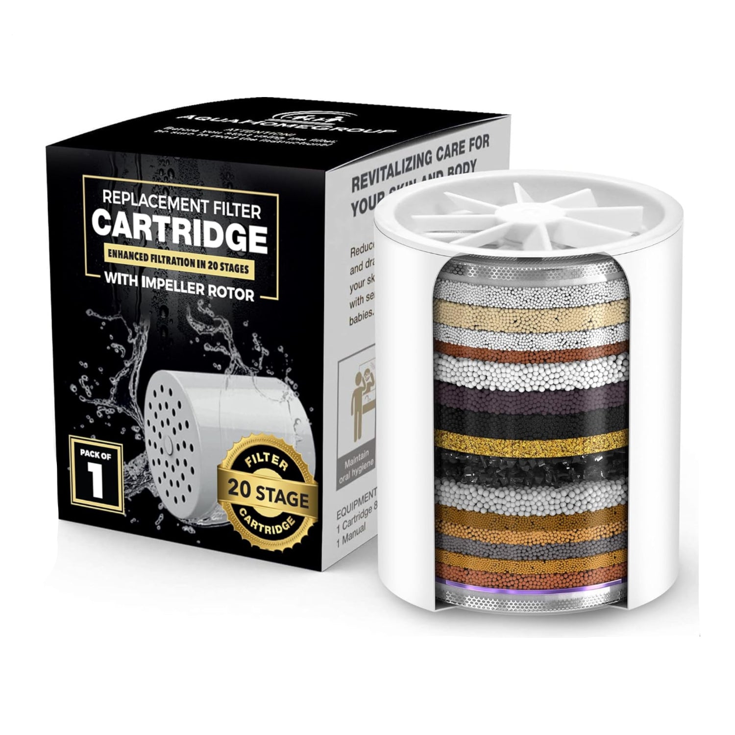 AquaHomeGroup 20-stage premium shower filter replacement cartridge with detailed layers for water purification, shown in the image.