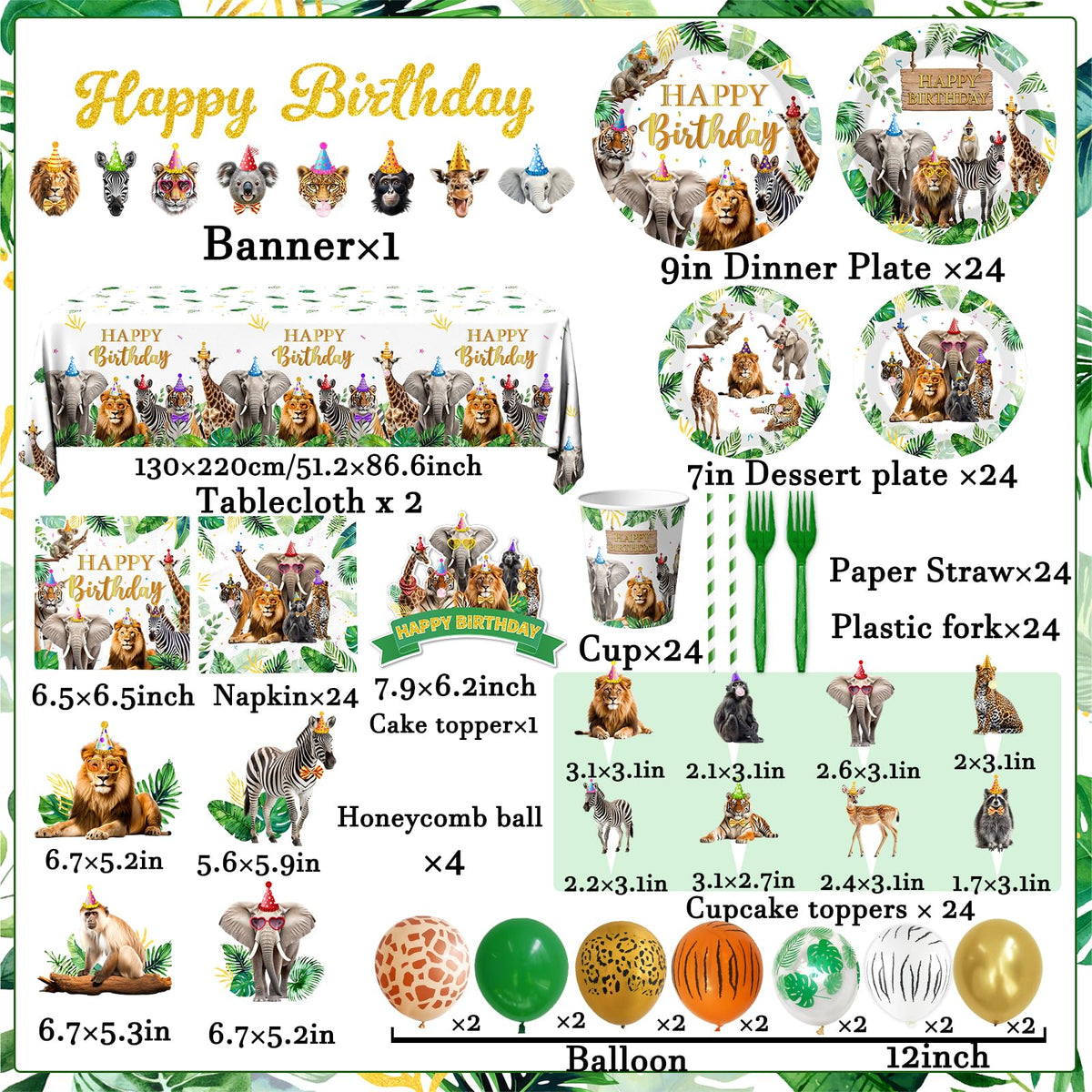 Safari Themed Party Decorations Tableware 198pcs Jungle - Meuqeaju Official Imagery - 7