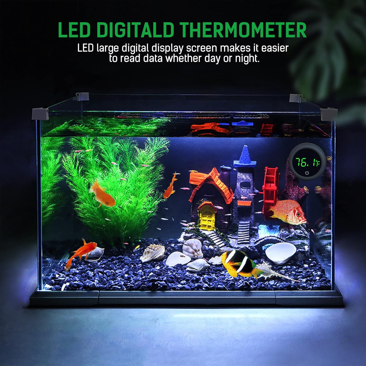 PAIZOO digital fish tank thermometer with LED display showing temperature readings in a fish tank environment