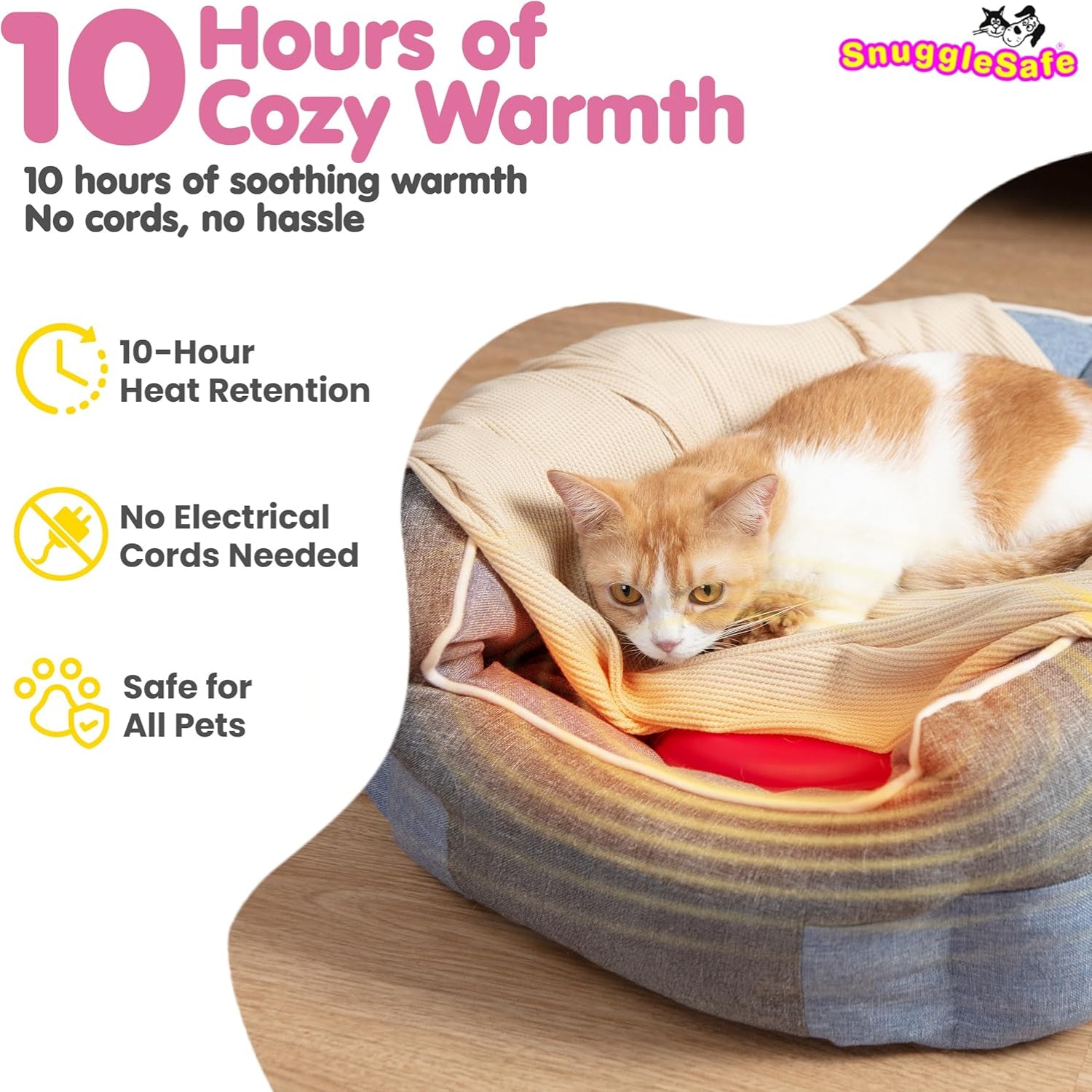 SnuggleSafe microwave heat pad for pets by Snugglesafe, chew-proof, round, plush cover, designed to keep pets warm and cozy.