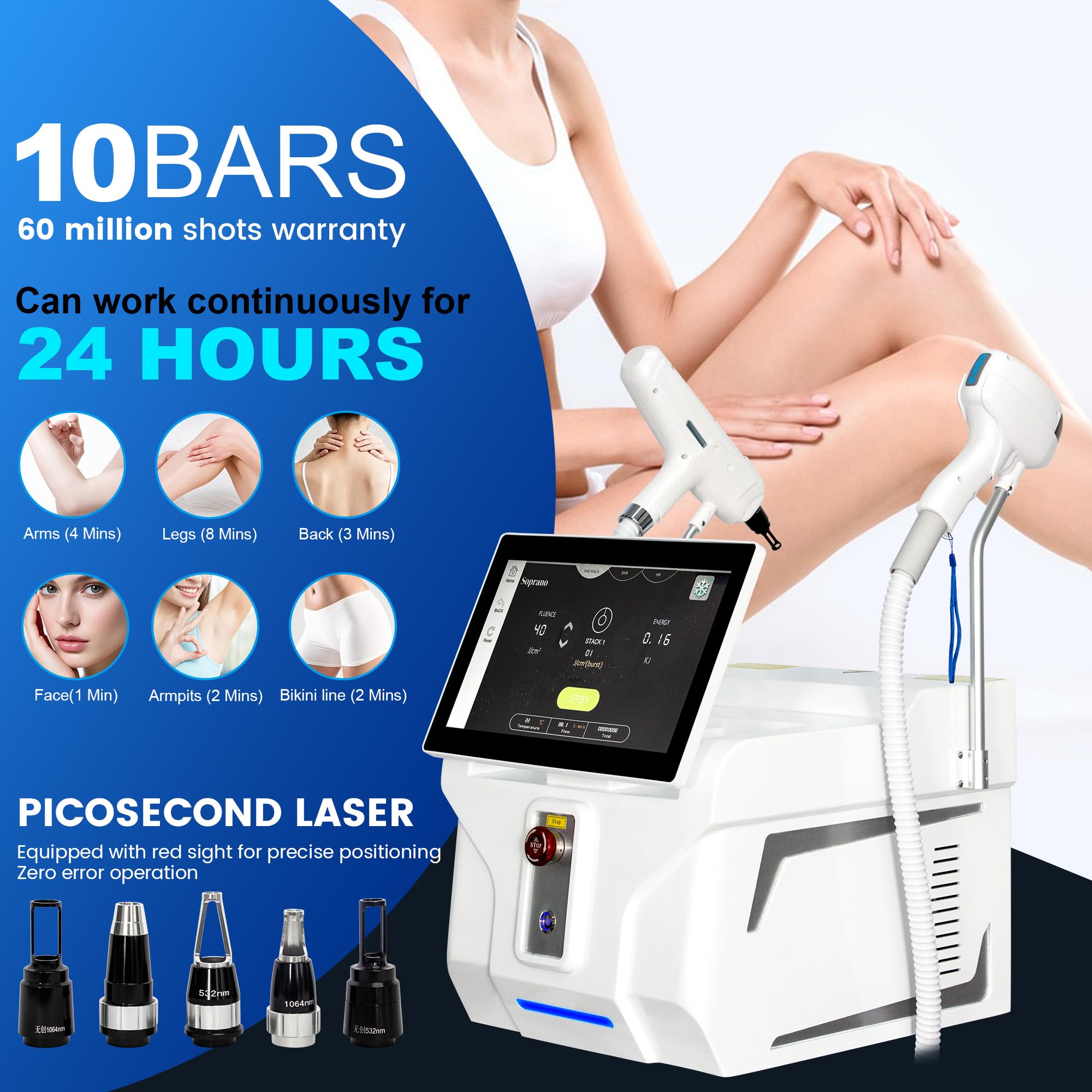 Generic 10-Bar 2-in-1 808nm laser hair removal machine with FAC tech, showing the device with control panel and treatment head