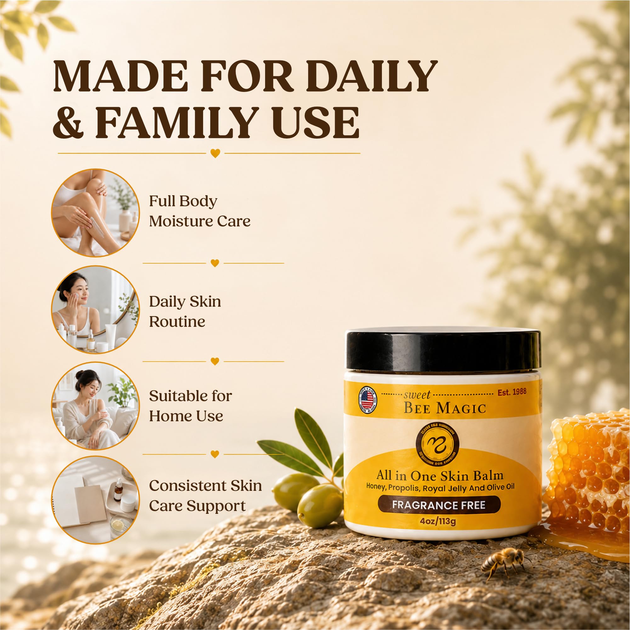 Medicine Mama's Apothecary Sweet Bee Magic Organic Honey Bee Balm for Face, Skin & Body - All in One Honey Balm - Beeswax Body Moisturizer - All Natural Aid - 1 jar (4oz)