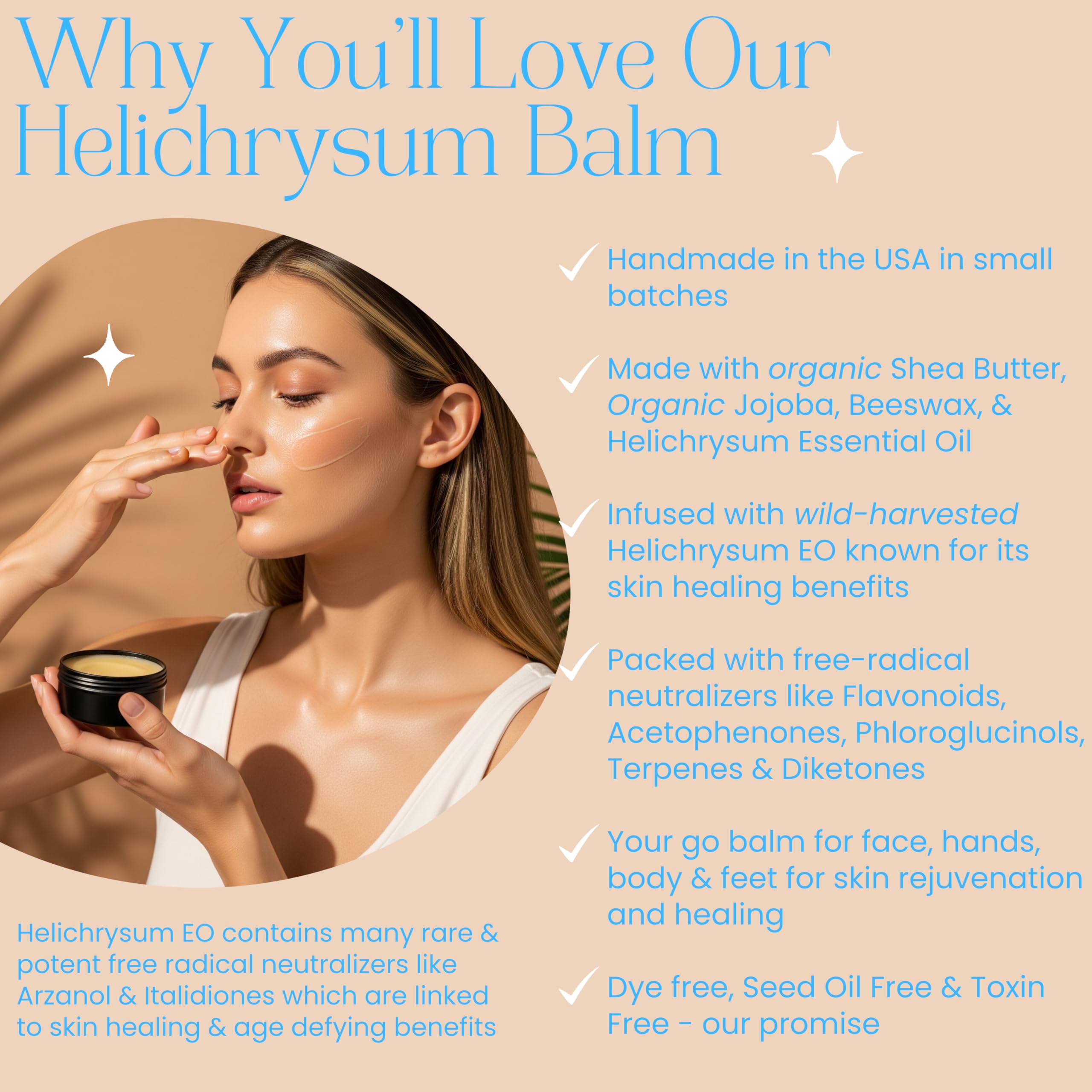 Beauty Glow Organic Helichrysum Balm - 2 oz Helichrysum Gymnocephalium, Shea Butter, Beeswax, Jojoba Oil Ultra-Moisturizing, Skin Healing, Full Body Hydration