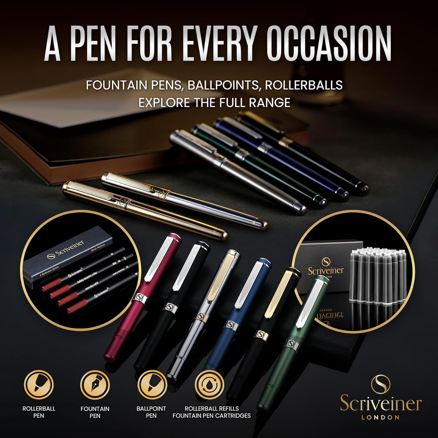 Scriveiner gold ballpoint pen with sleek design and black Schmidt refill, featuring real gold plating for luxury writing.
