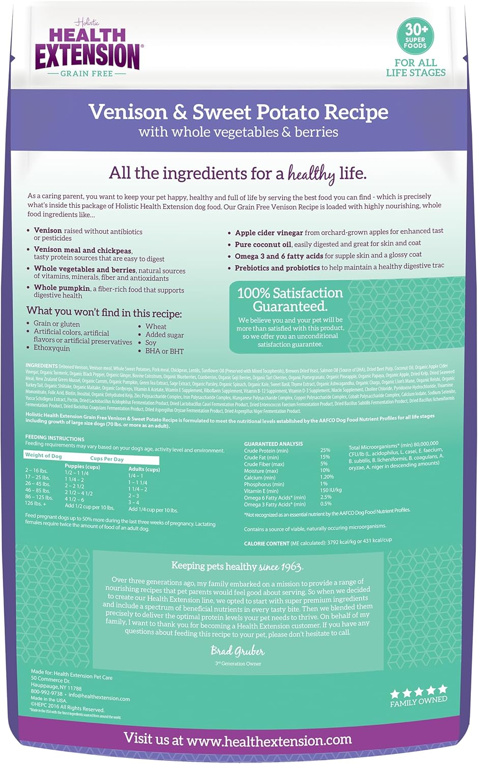 Health Extension dry dog food for puppies with venison, sweet potato, vegetables, and berries in a 4-pound bag.