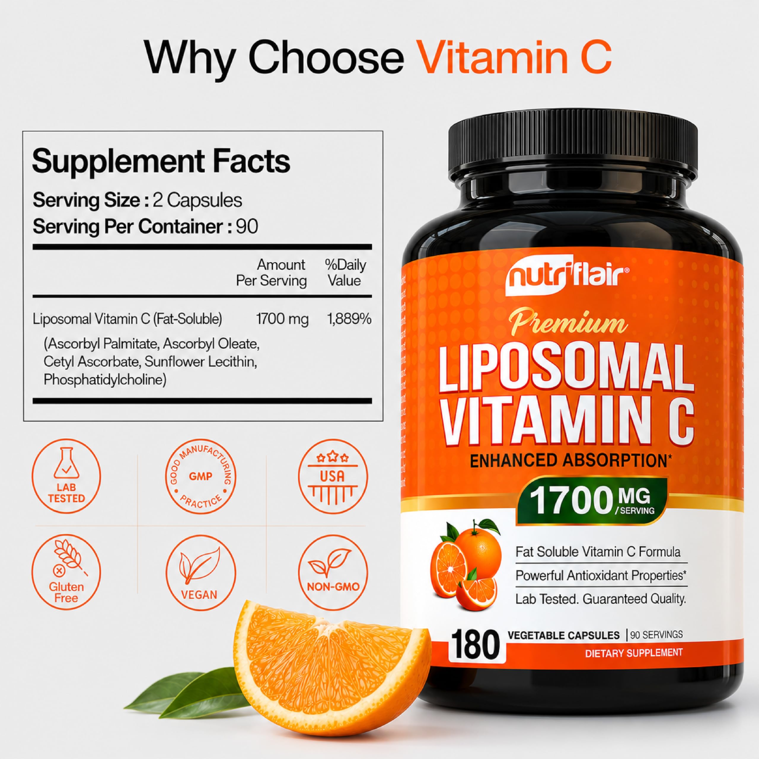 NutriFlair Liposomal Vitamin C 1700mg 180 Capsules - NutriFlair Official Imagery - 3