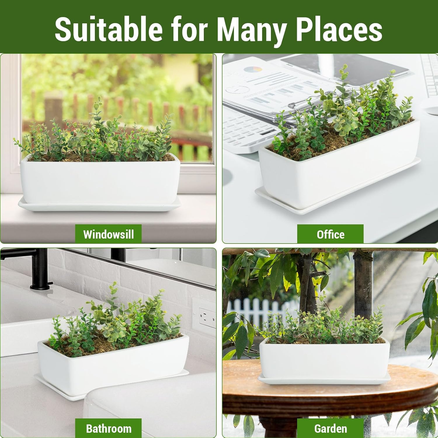 MyGift 14-inch rectangular ceramic indoor plant pot with drainage hole, ideal for houseplants and decorative gardening.